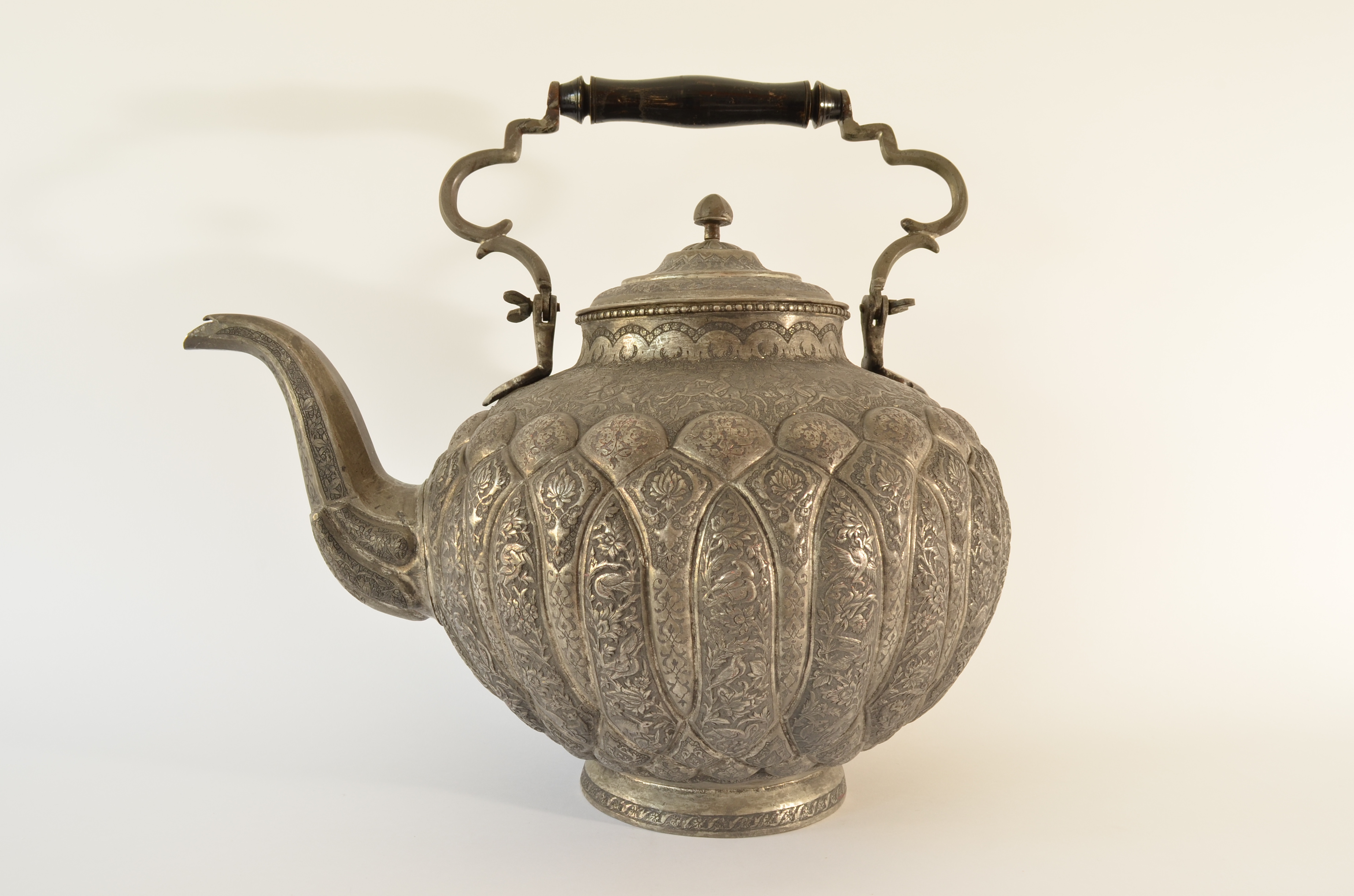 Large teapot, waterpot with neat engraved hunting scenes. Persia. Tinned copper. Neat engraved hunting scenes. 19th century. Iran – Isfahan.  Hallmarked and  monogrammed on the bottom.