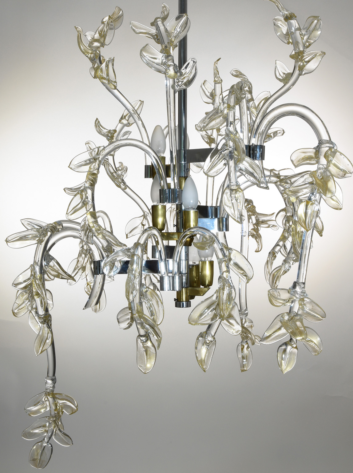 Murano Glas Leuchter, Wasserlilien mit goldenen Einschlüssen, 1950er Italien