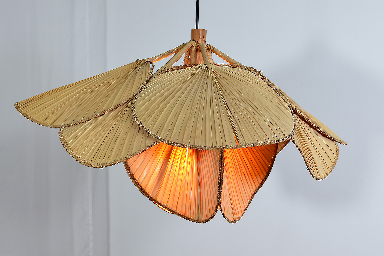 “SOLD” Chandelier / Ceiling Lamp Uchiwa by Ingo Maurer. Ricepaper and Bamboo.
