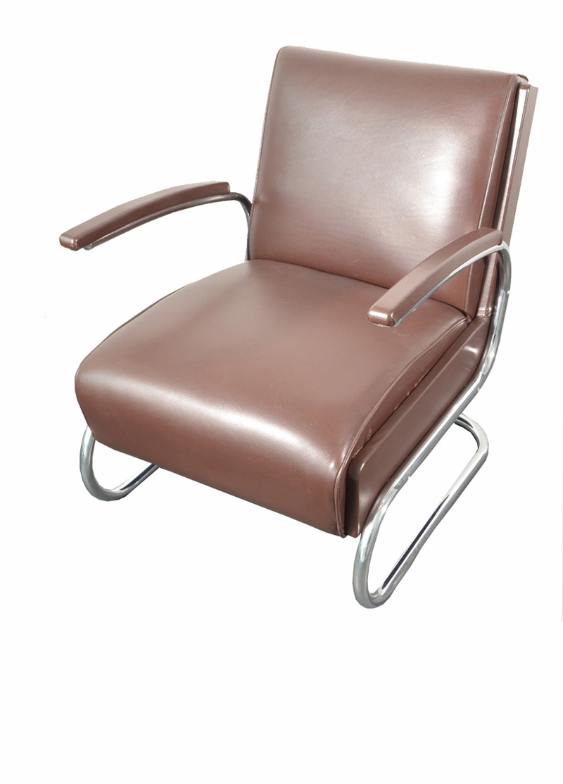 Armlehnsessel / Easy -Chair / Sessel aus Stahlrohr und braunem Leder von Mücke Melder, 1930s.