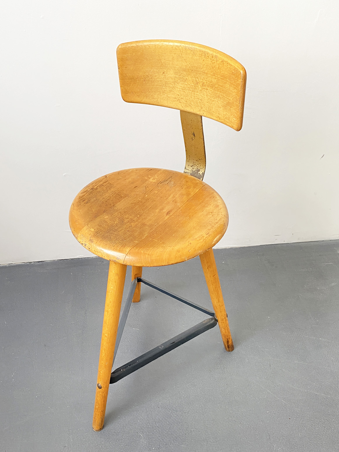 Ama Elastik Workshop Stool with three Legs and Backrest made of Wood and Metal, 1950ies