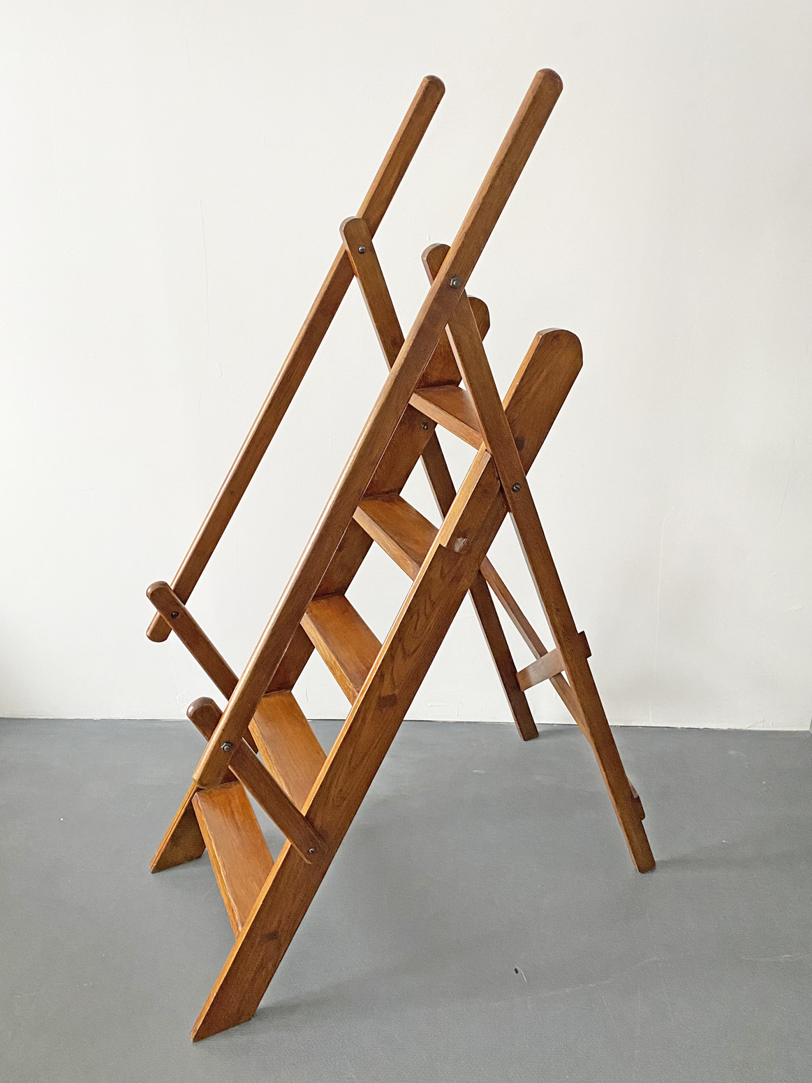Library Manager Ladder 5-Step Brown Beech Wood with Railing, France 1970s