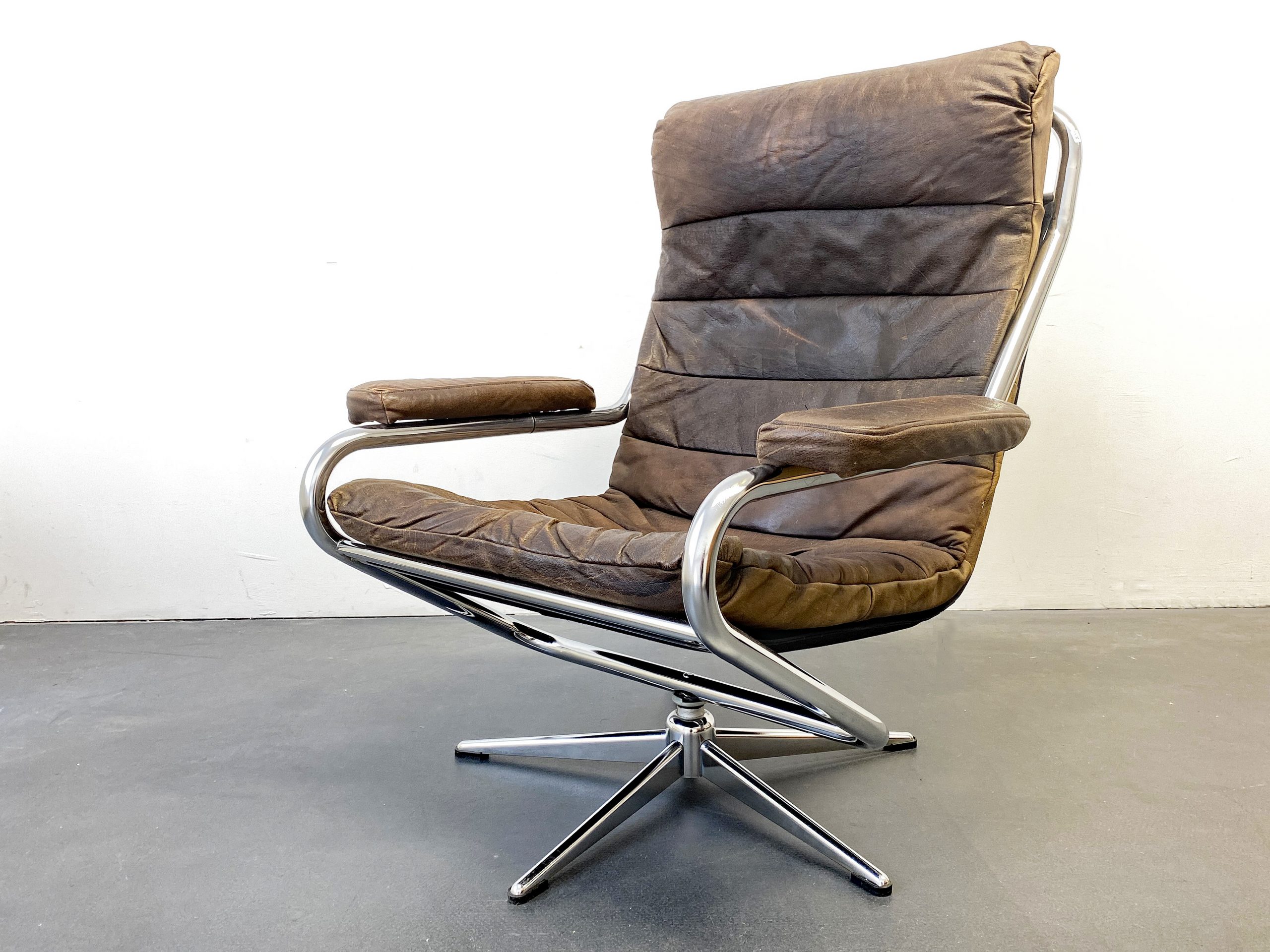 Lounge Chair Swivel Armchair Leather brown Aluminium Frame, Germany, 60s