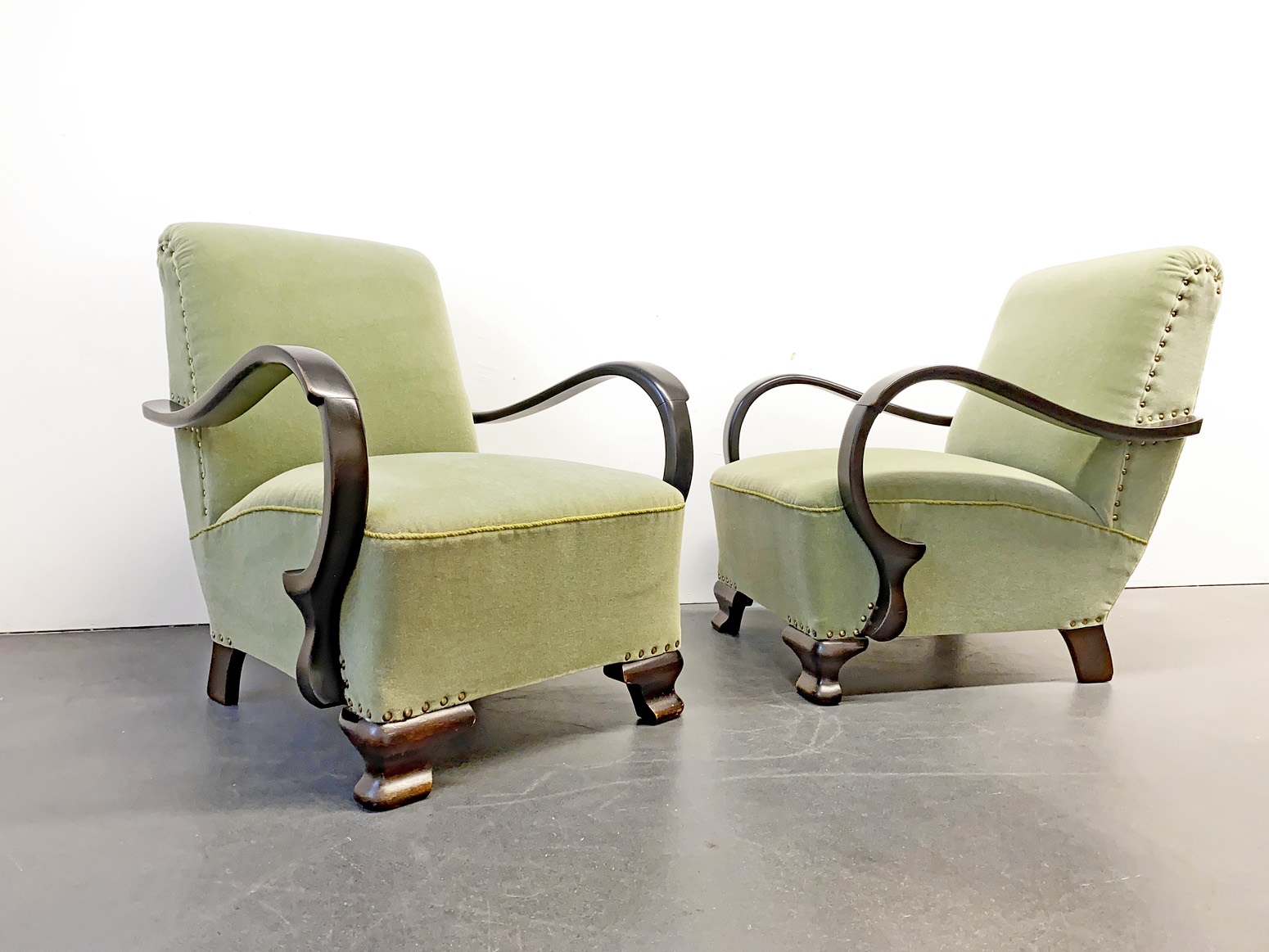 Paar Art Deco Armlehnsessel Sessel, grün, 1920/30er