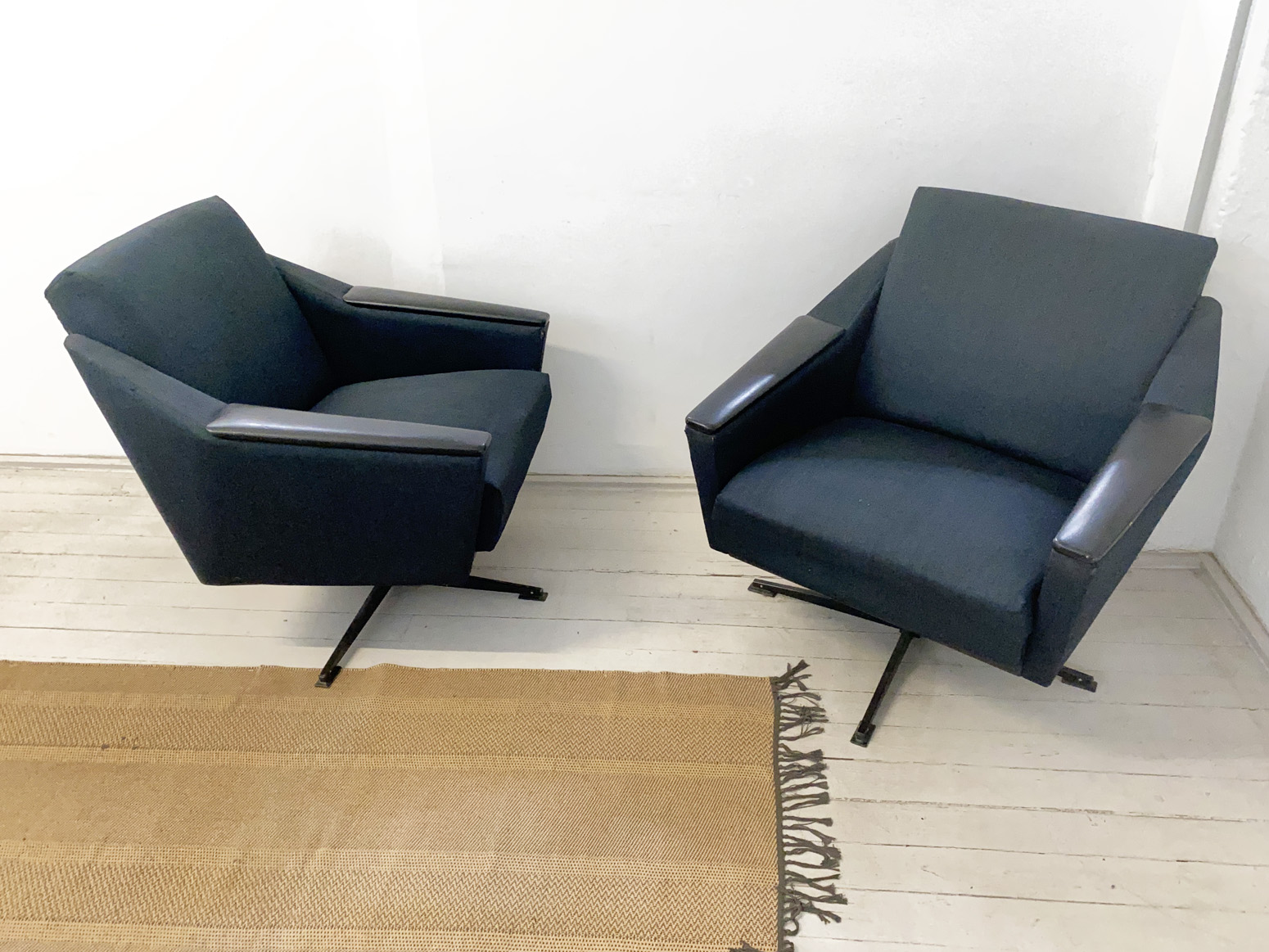 Pair of Vintage Mid Century Swivel Arm Chair grey blue Fabric Cover, Germany, 1950s.