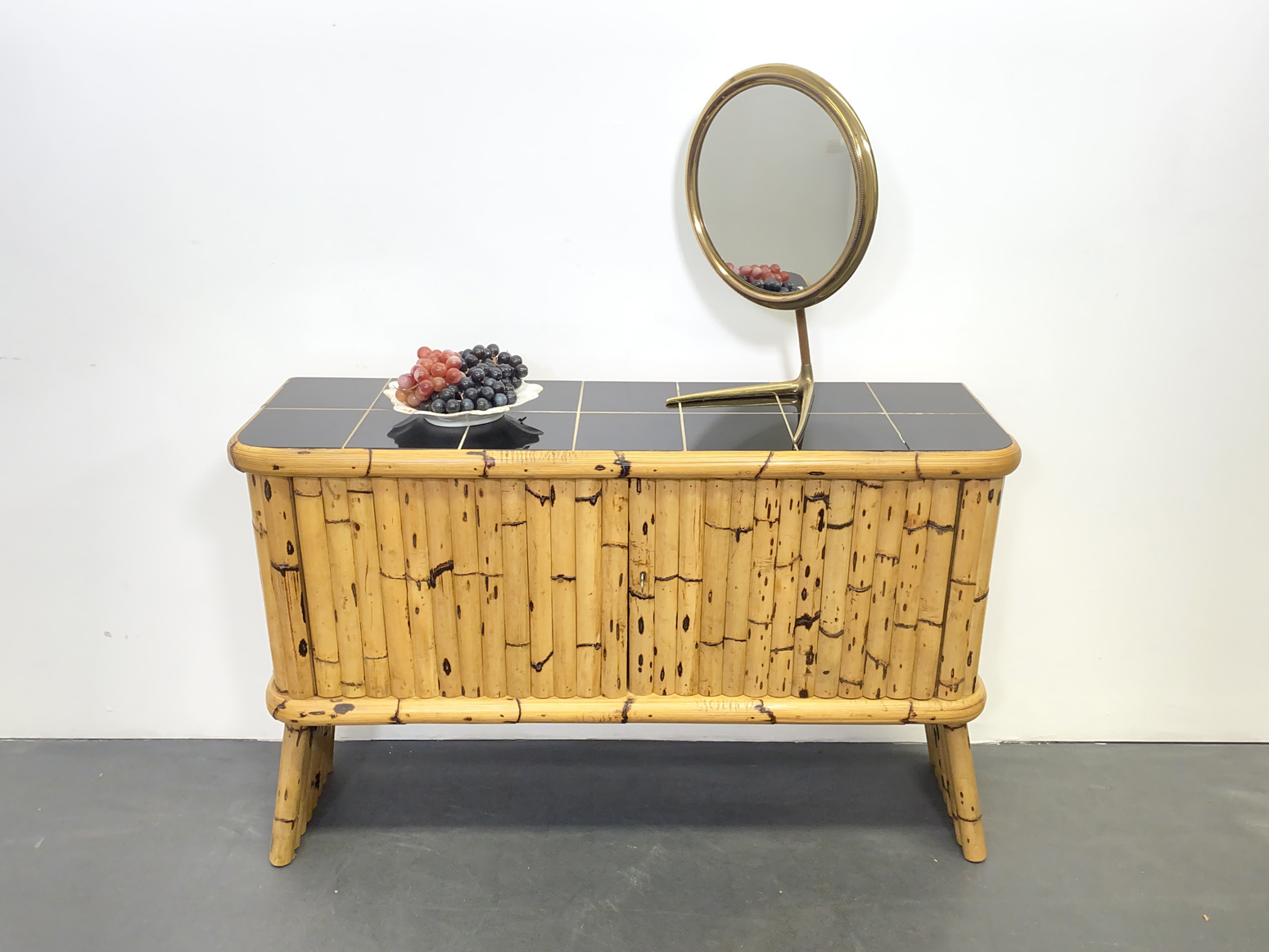 Mid Century Bamboo Sideboard with Black Ceramic Tiles, France, 1950s.