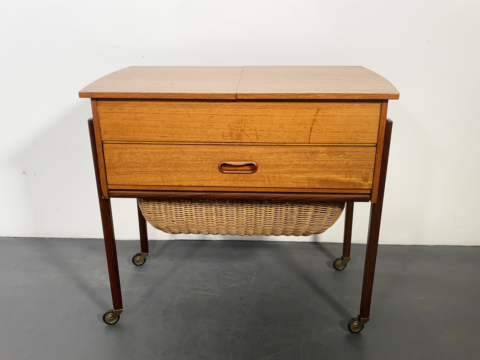 Mid Century Teak Sewing Table with Basket, Denmark, 1950’s.