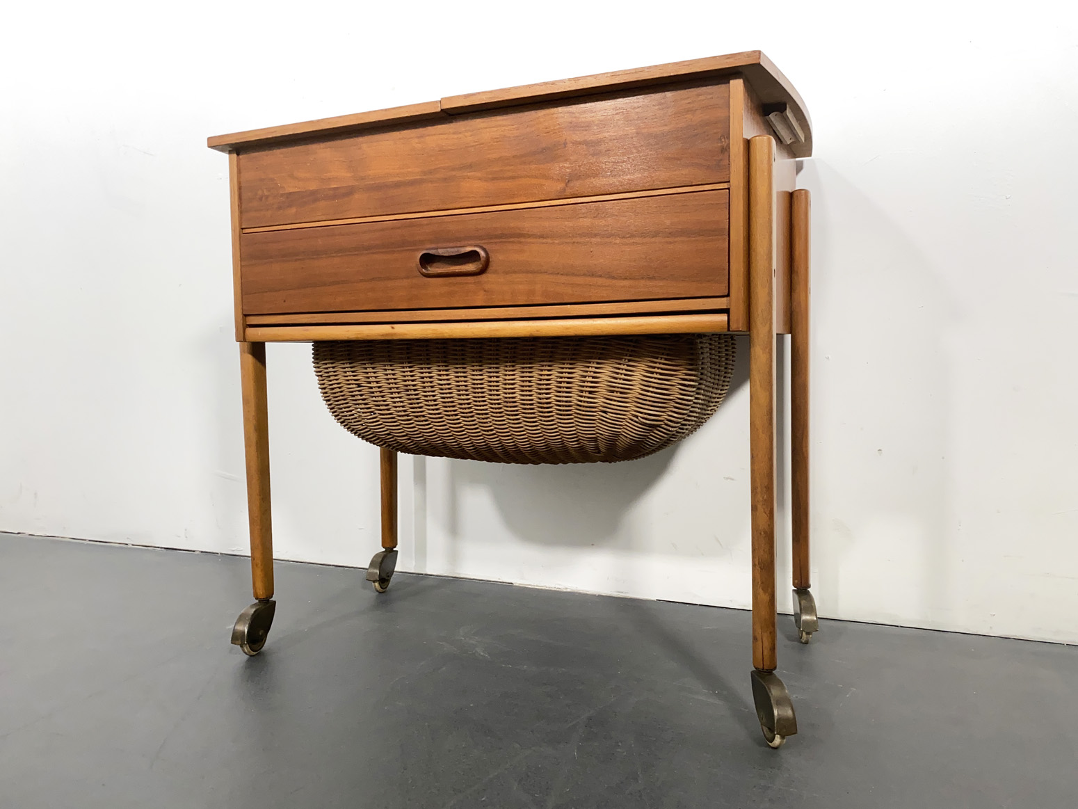Mid Century Teak Sewing Table with Basket, Denmark, 1950s.