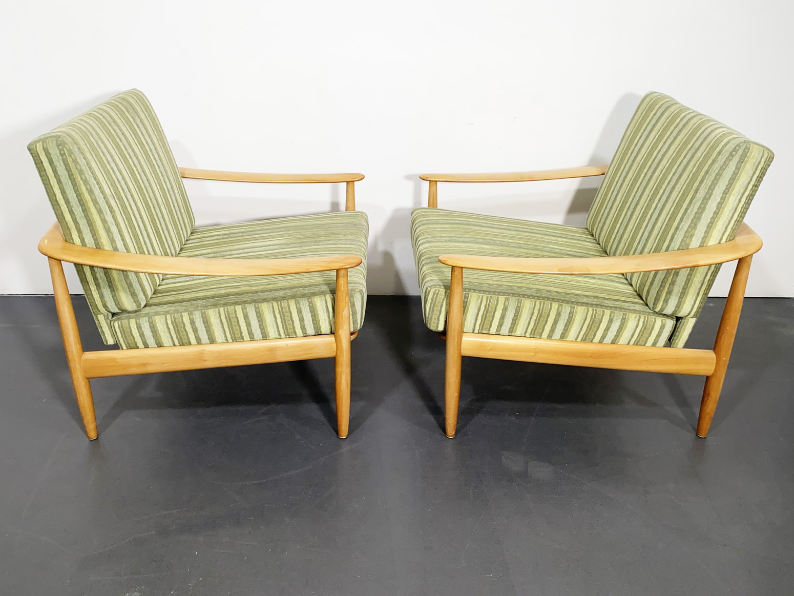 Pair of Armchairs, Lounge Chairs, Wood with green striped Upholstery, by Carl Straub for Goldfeder, Germany, 1960s.