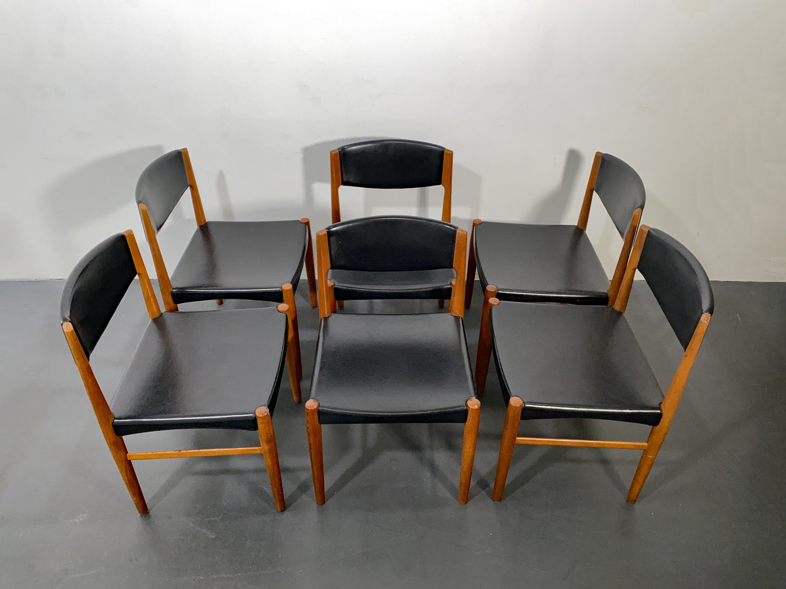 Set of 6 Mid Century Dining Chairs, Teak, Faux Leather, Glostrup, Denmark, 1960’s.