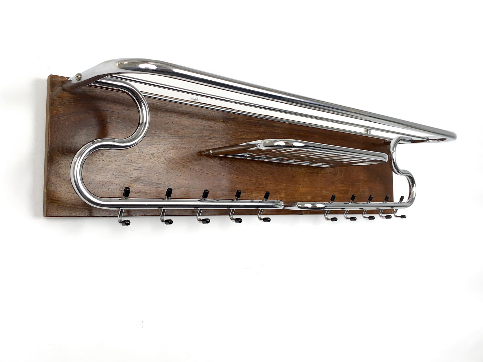 Mid-Century Wall Coat Rack, Teak and Metal chrome plated, Scandinavia, 1960s.