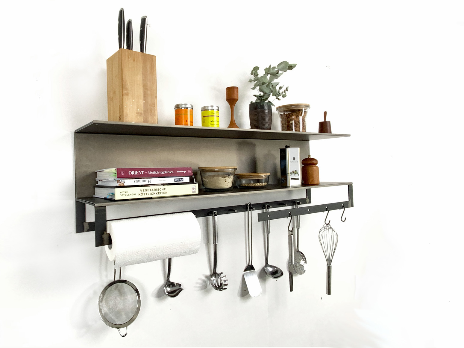 Kitchenshelf / Wall shelf for Kitchen-Accessories, herbes, etc., designed by Inga Reichert, made of black untreated crude steel – Industrial Design.