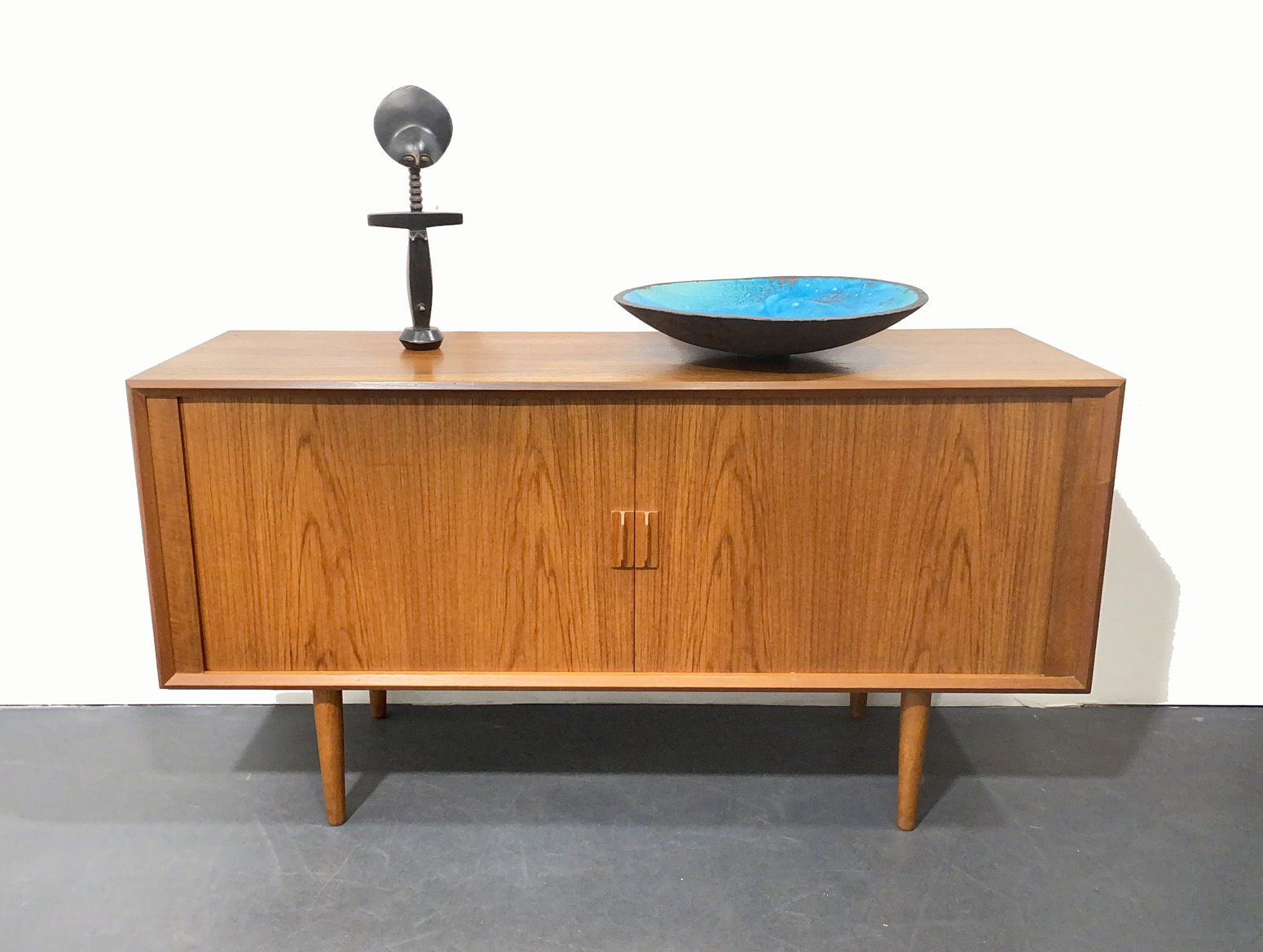 Mid-Century Teak Sideboard with Tambour Doors by Svend Aage Larsen for Faarup Möbelfabrik, Denmark, 1960s.