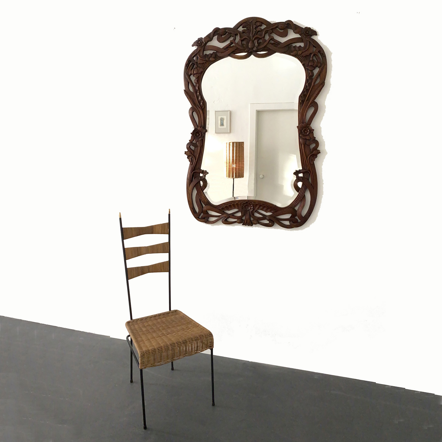 French Art Nouveau Style Wall Mirror with carved Blossoms and Flowers, France, 1940s.