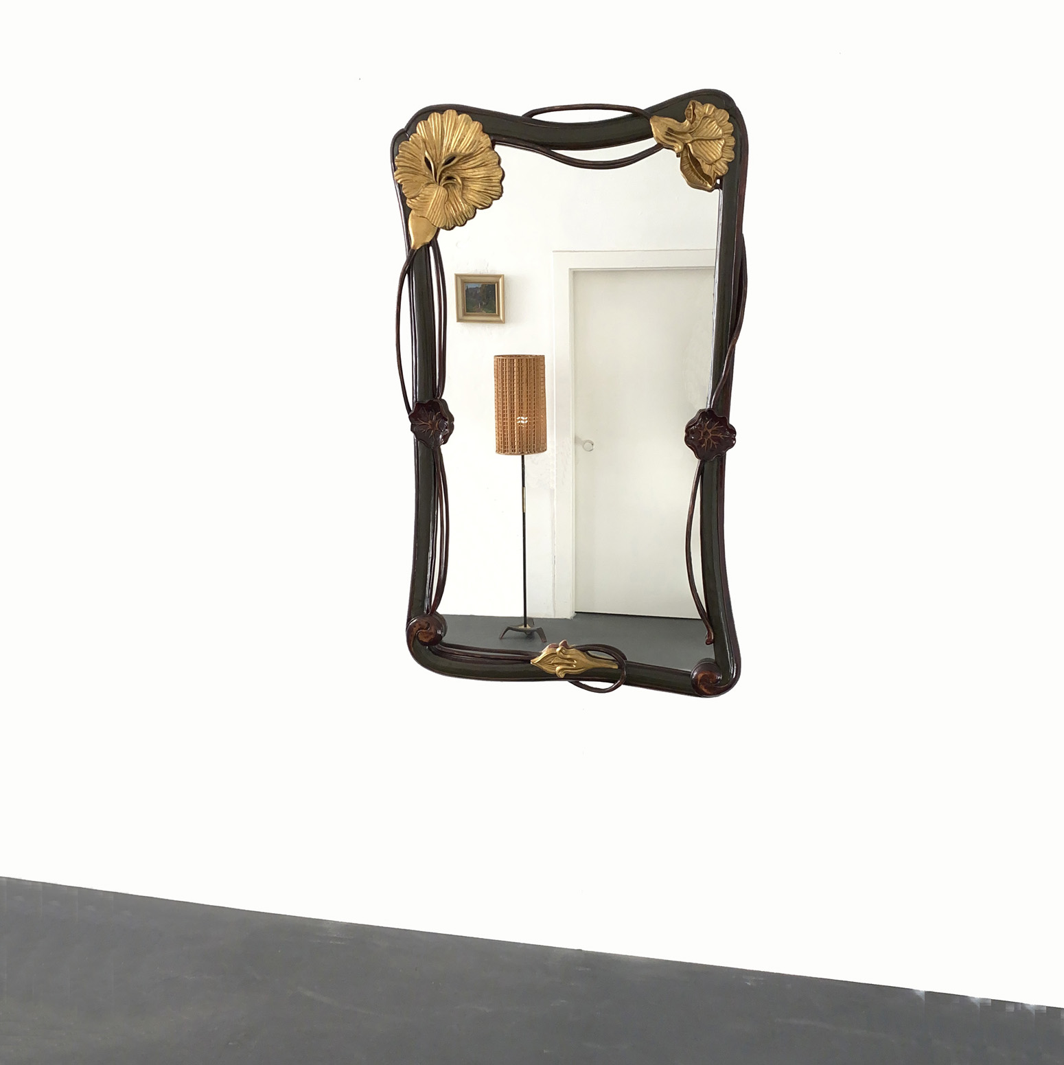 French Art Nouveau Style Wall Mirror with Carved Lily Pads and Flowers, France, 1930s.