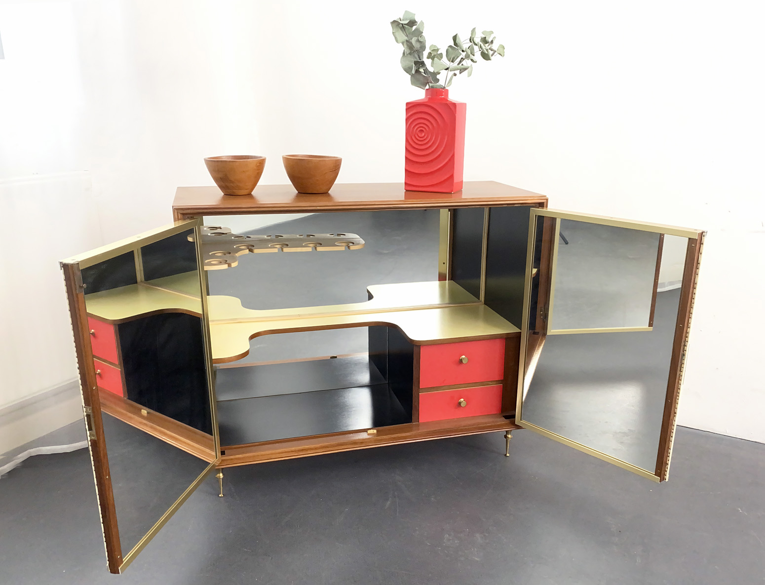 Bar Cabinet, with Leather, Brass Feet, Italy, 50s.