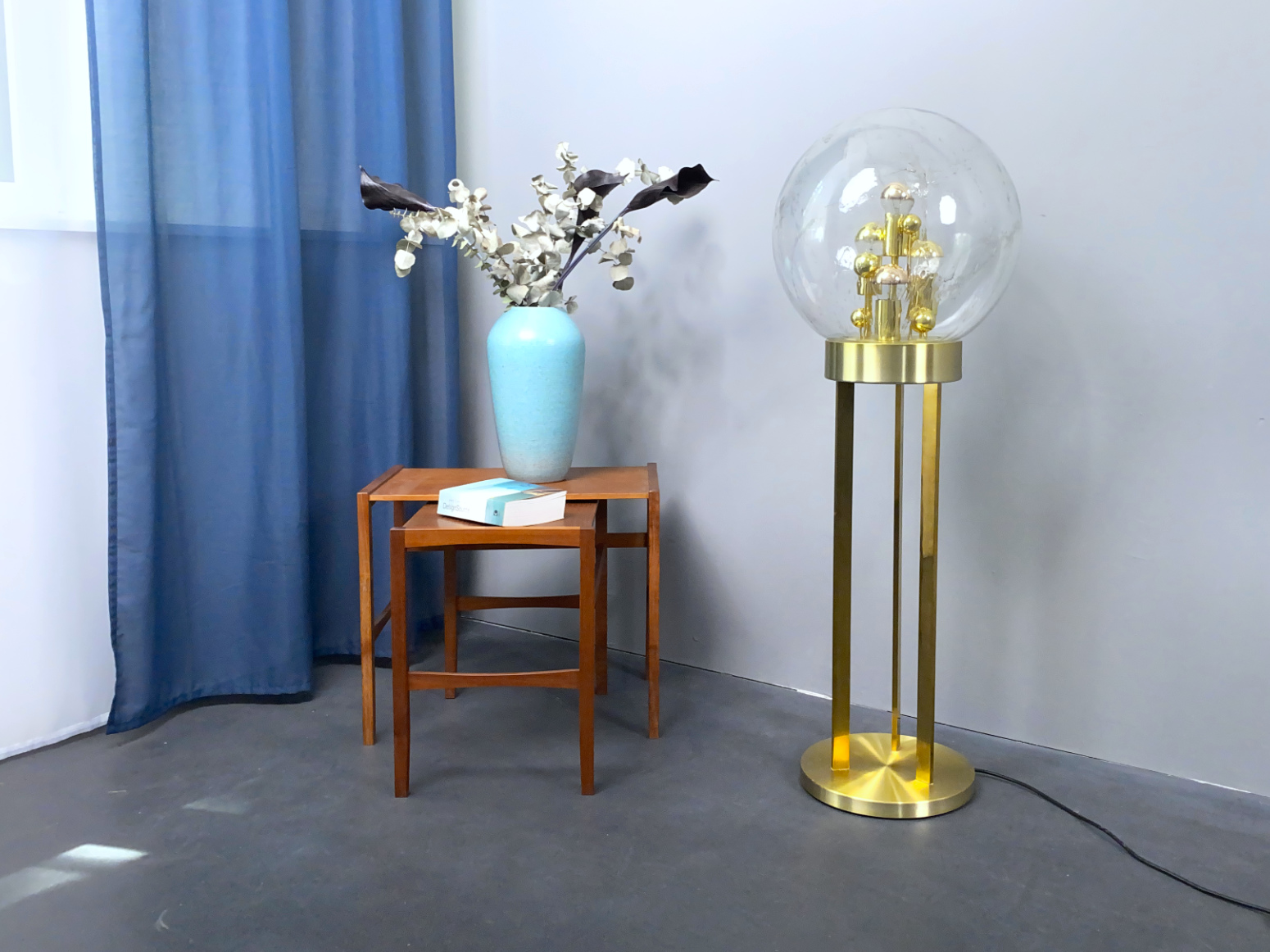 Doria Glass Globe Floor Lamp, Brass, gold plated, Germany, 1960s.