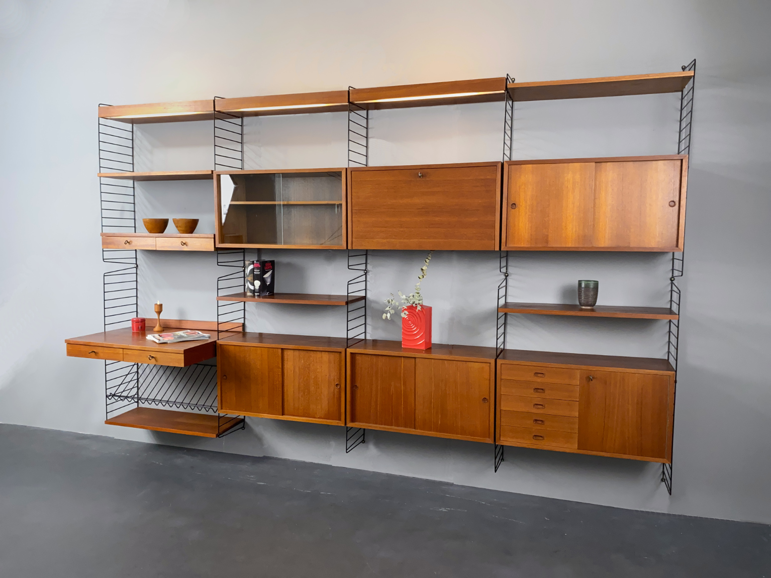 “SOLD” Modular Mid-Century Teak String Wall Shelf System by Kajsa & Nils Strinning for String, Sweden, 60s
