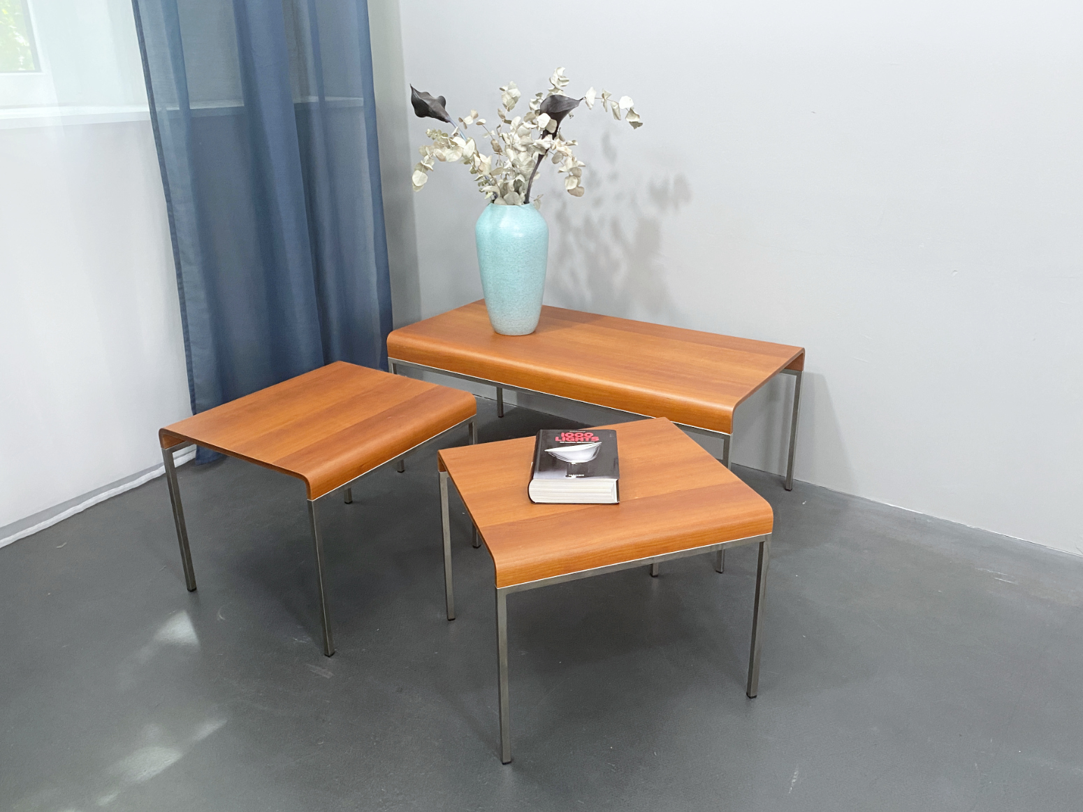 Set of 3 Coffee Tables, Beech Wood, brushed Steel, Italy, 90s.