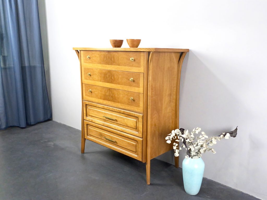 Chest of Drawer, 5 Drawer Highboy Dresser, Birch Wood, Brass Fittings, Art Deco Style, USA, 60s