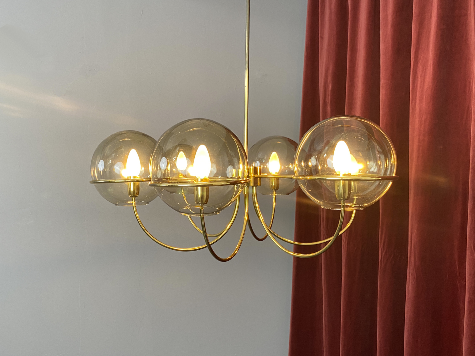 Ceiling Light, Brass, with 6 smoked Glass Globes, Italy, 1960s