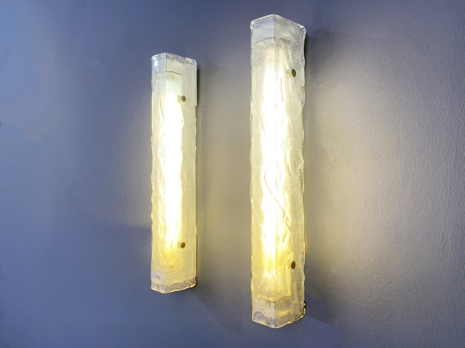 Pair of large Murano Ice Glass Sconces / Wall Lamps, Kaiser Leuchten, Germany, 1970s