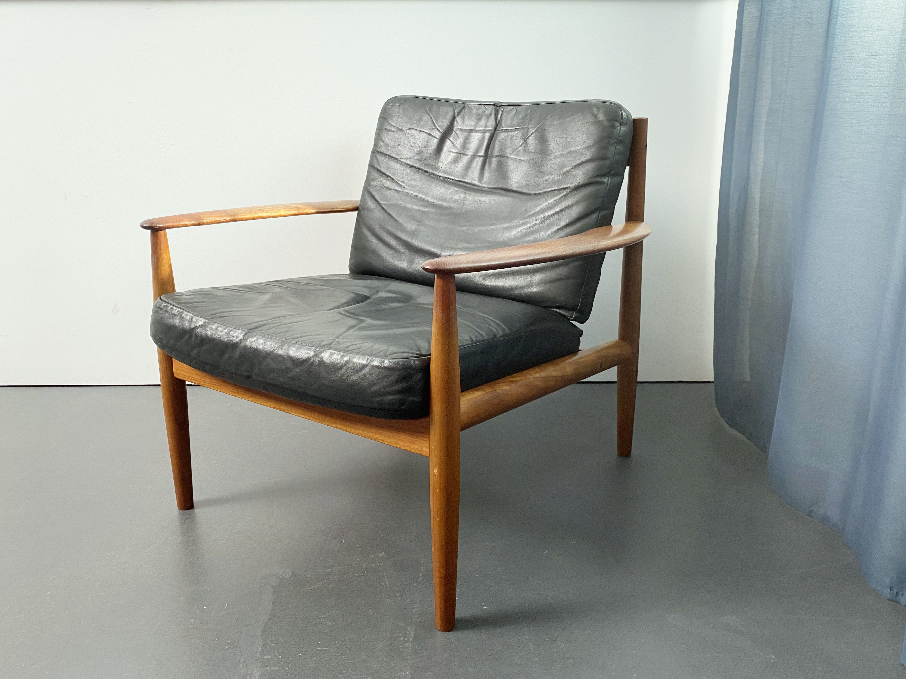 Leather Armchair Teak Wood, by Grete Jalk for France & Son, Denmark, 1960s