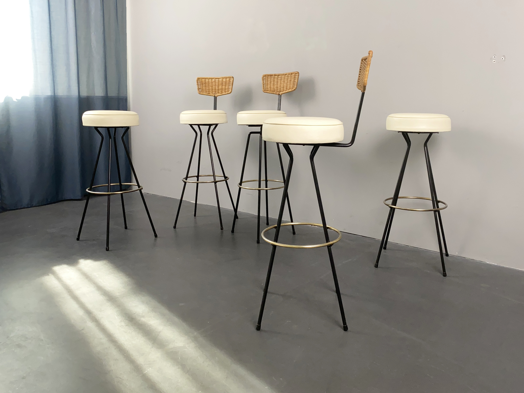 Set of 5  Bar Stools, 3x with Wickerwork Back Rest (thereof 1x rotatable) by Herta Maria Witzemann for Erwin Behr, Germany, 1950s