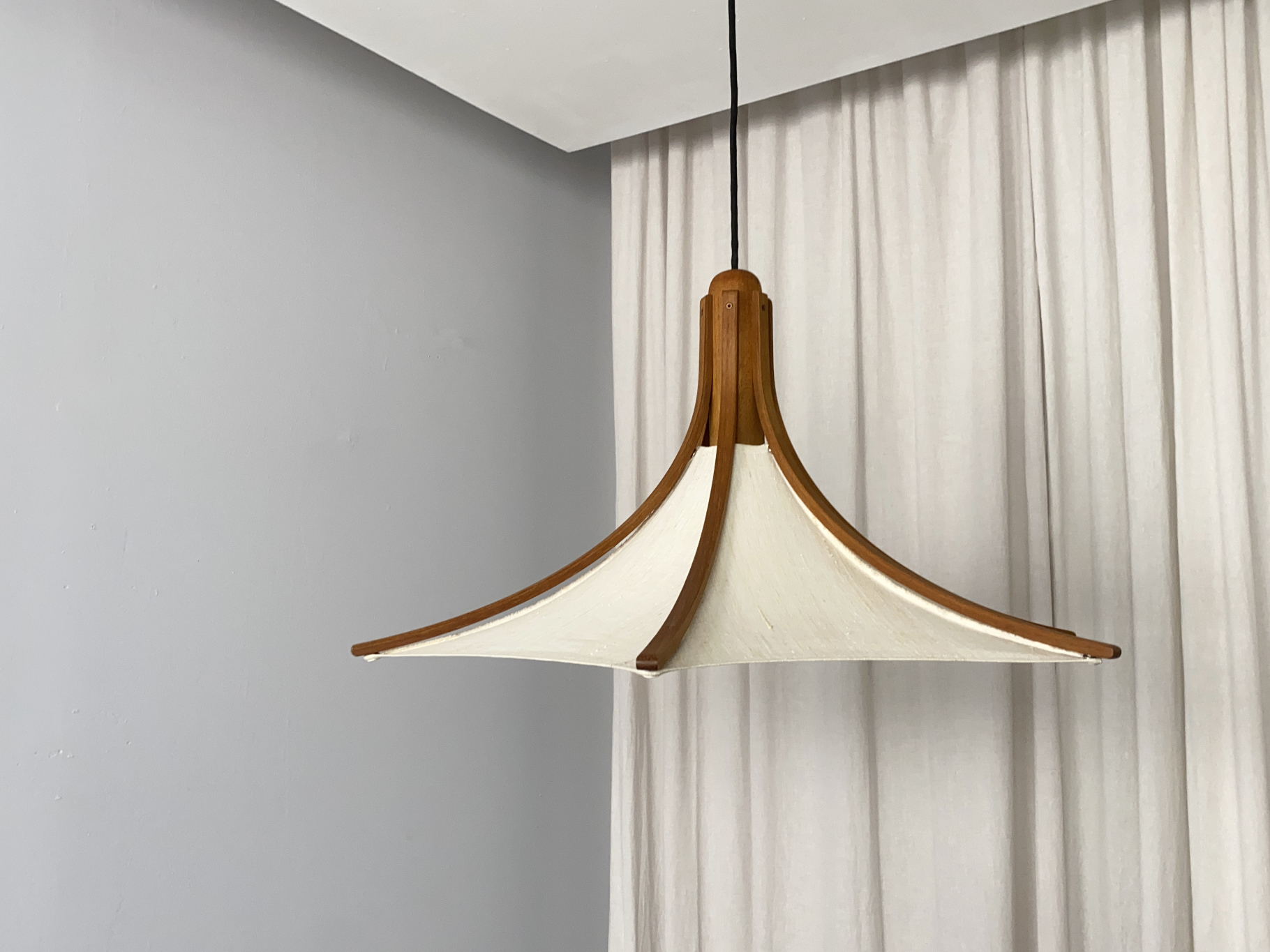 Pendant Lamp, Teak and Linen Shade by Domus, Germany, 70s