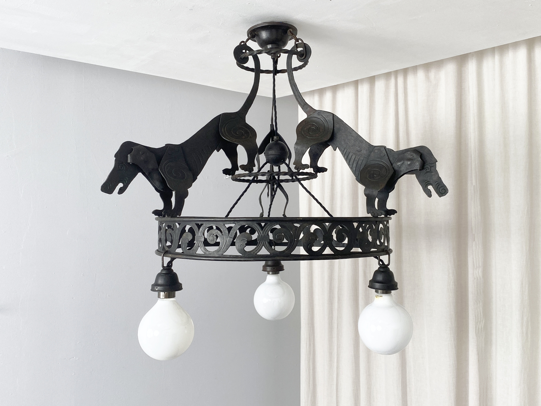 Ceiling Lamp / Chandelier Dachshund, Art Nouveau, Wrought Iron by Hugo Berger for Goberg, Germany, ca 1900