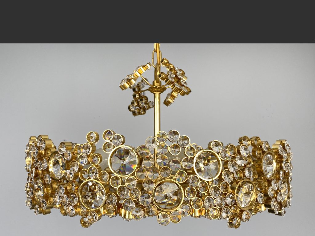 Chandelier in gilded Brass and Crystal Glass by Palwa, Austria, 1970s