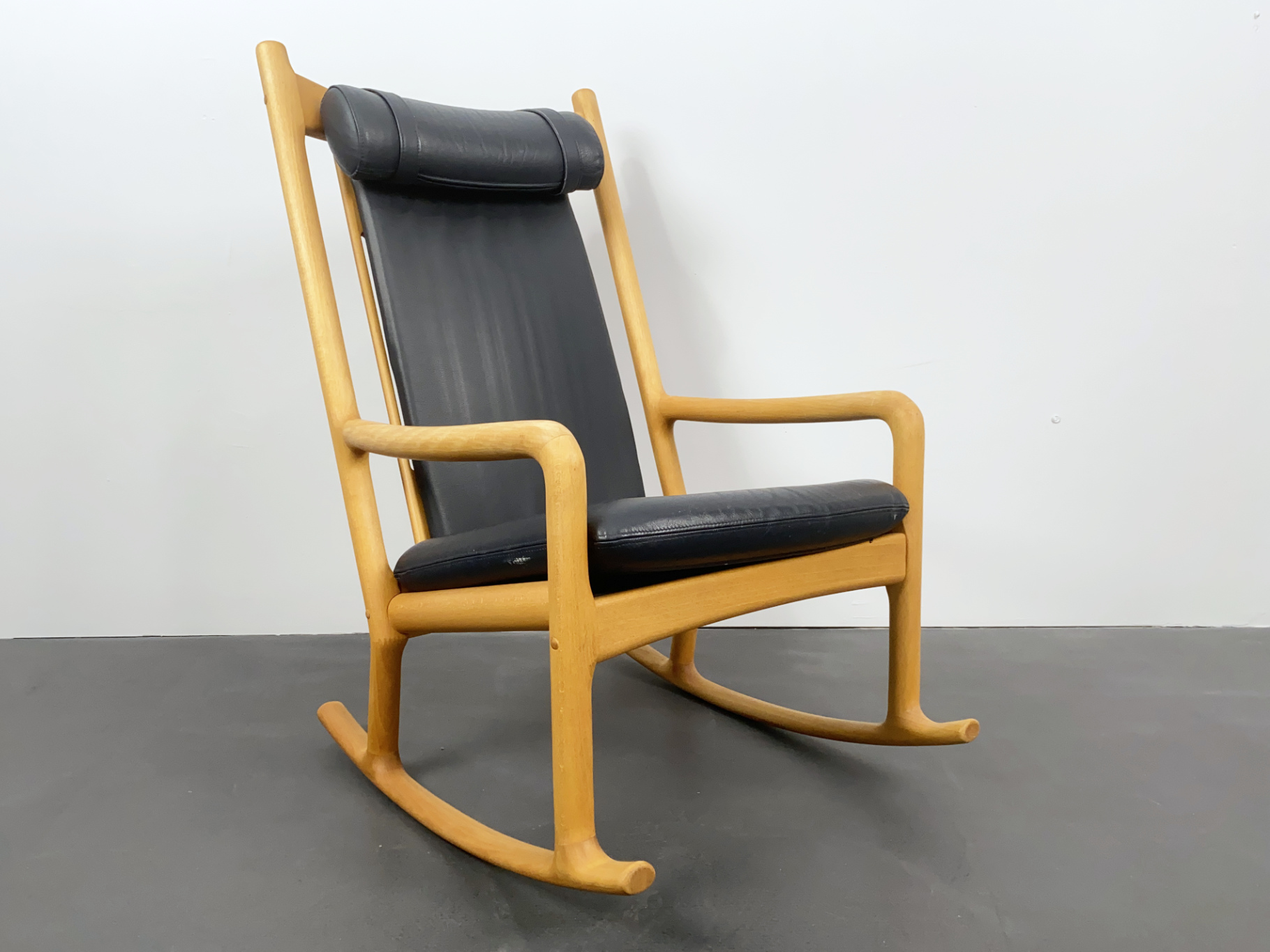 Beech Wood Rocking Chair with Leather Upholstery by Hans Olsen for Juul Kristensen, Denmark, 70s