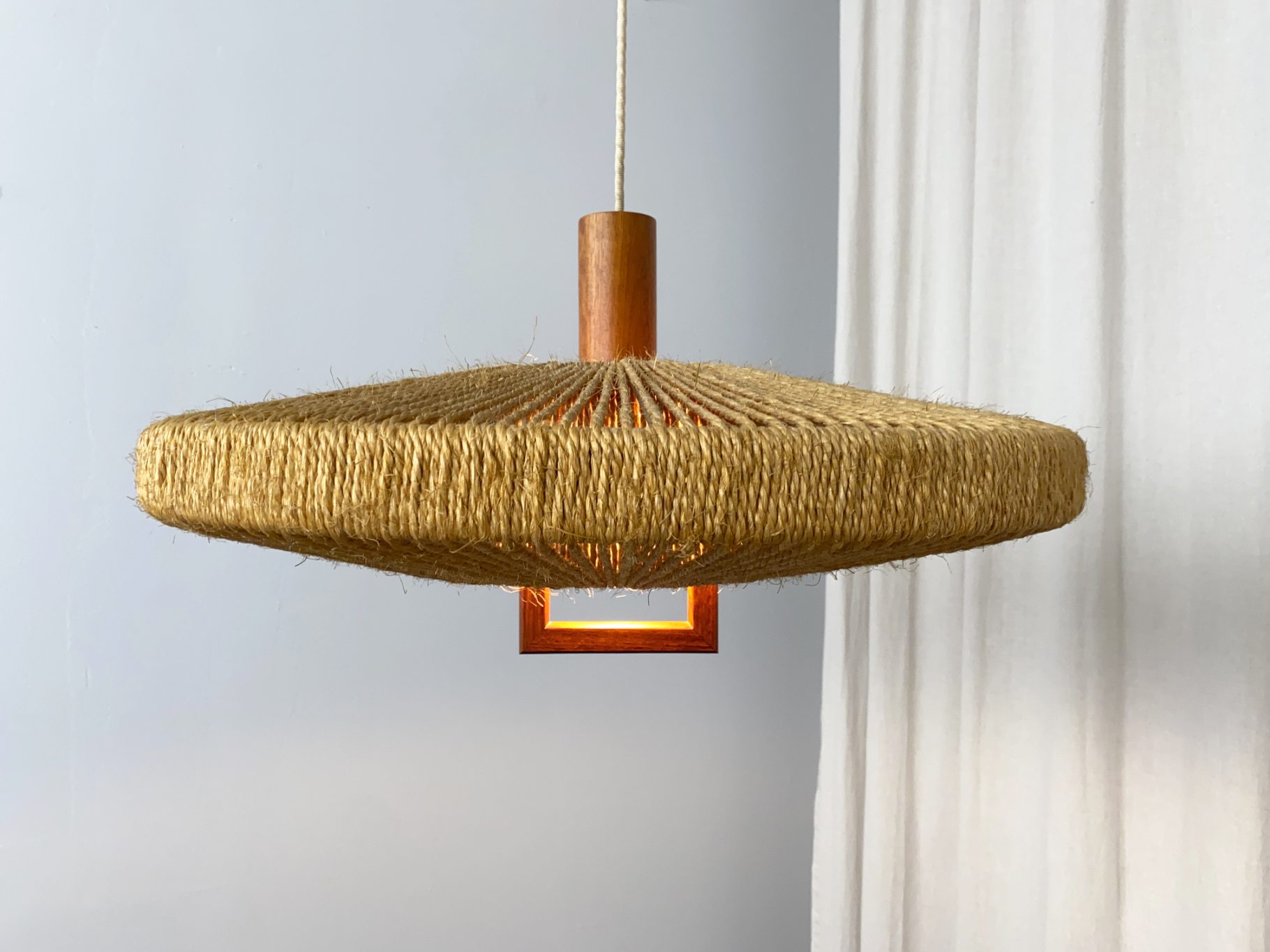 Ceiling Lamp / Pendant Lamp, Height adjustable, Teak Wood and Sisal by Temde-Leuchten, Germany, 60s