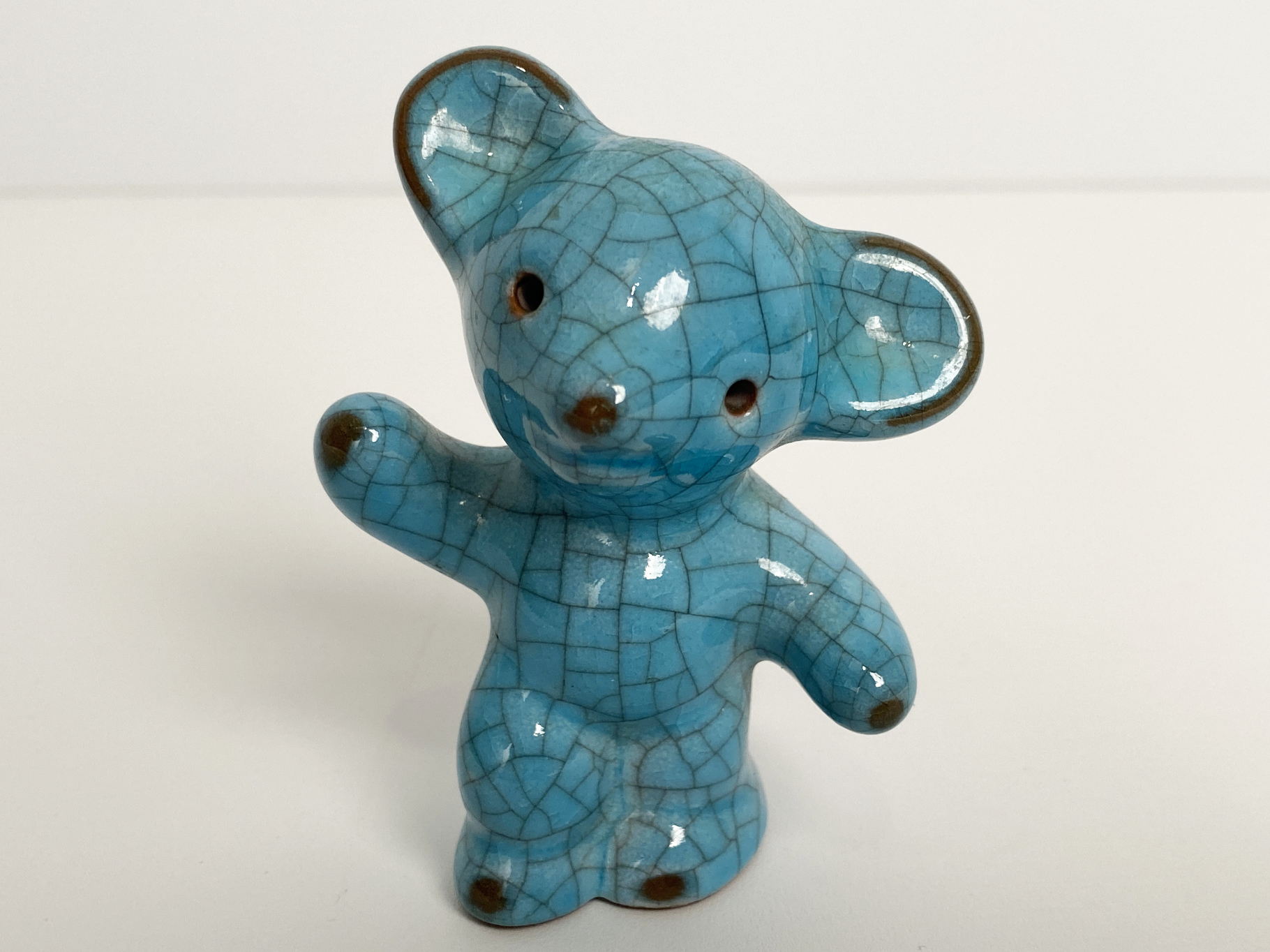 Small waving Bear Ceramic Figure by Walter Bosse for Karlsruher Majolika, Germany, 1950s