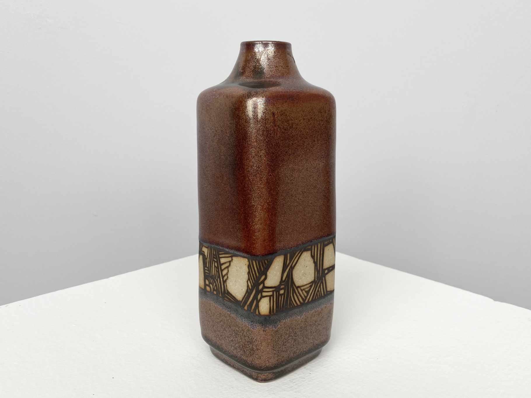 Brown Vase, Stoneware, Iron Glaze, twisted and shaped with abstract Decor, 1970s