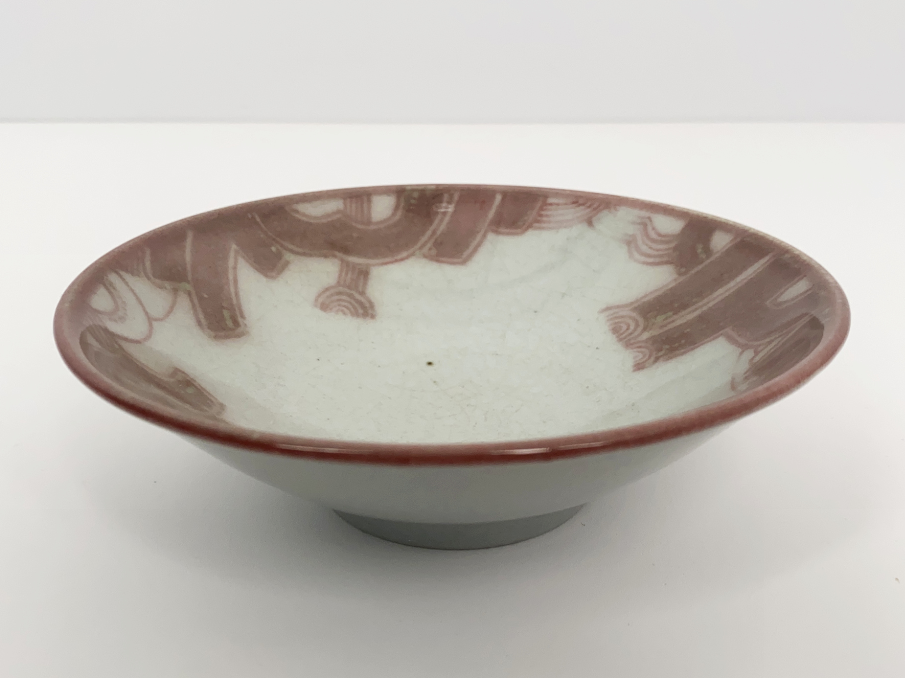 Porcelain Bowl, abstract craquelure Decor, painted with Copper, Lime Glaze, ca 2000