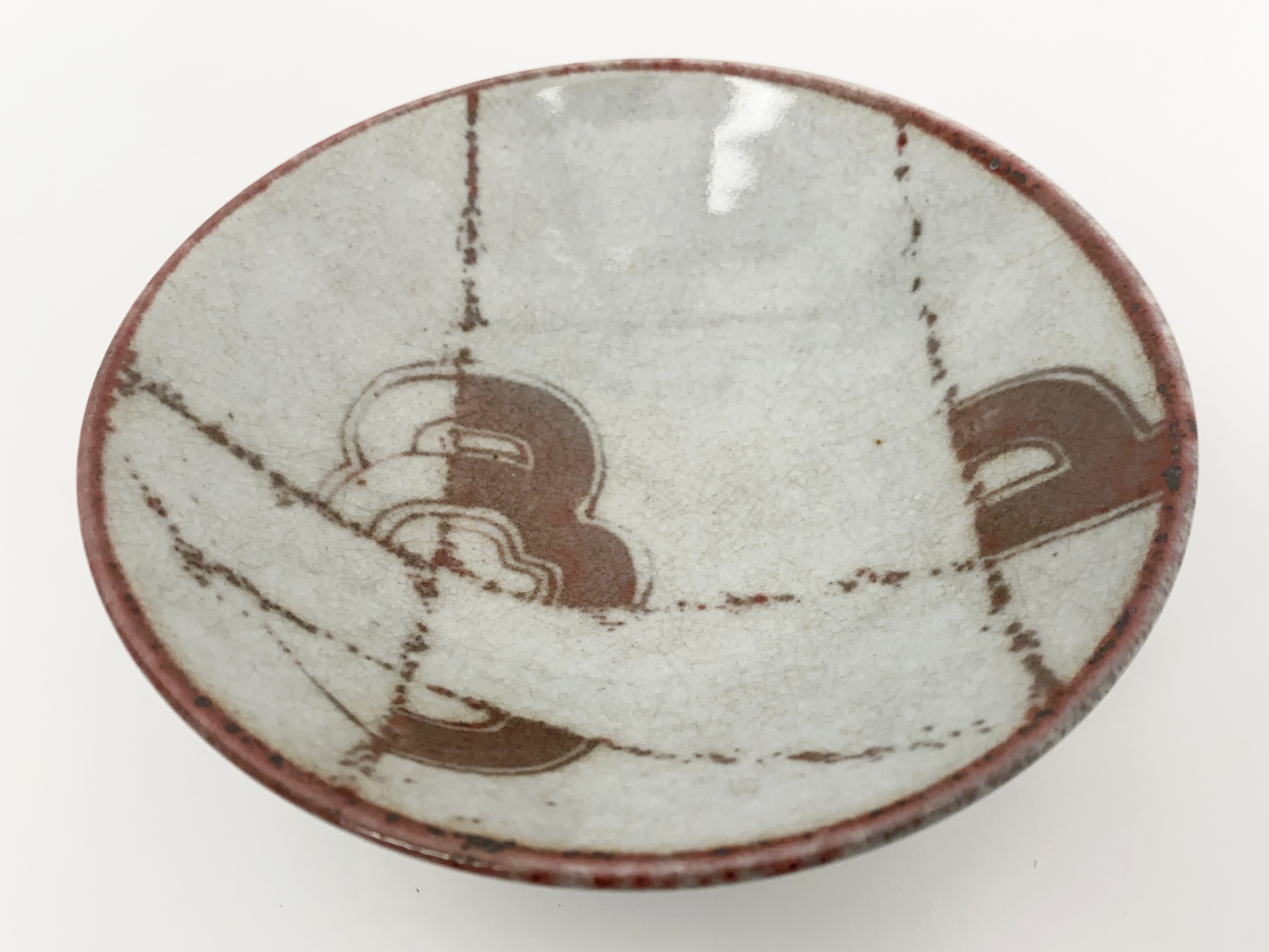 Porcelain Bowl, abstract craquelure Decor, painted with Copper, Lime Glaze, ca 2000