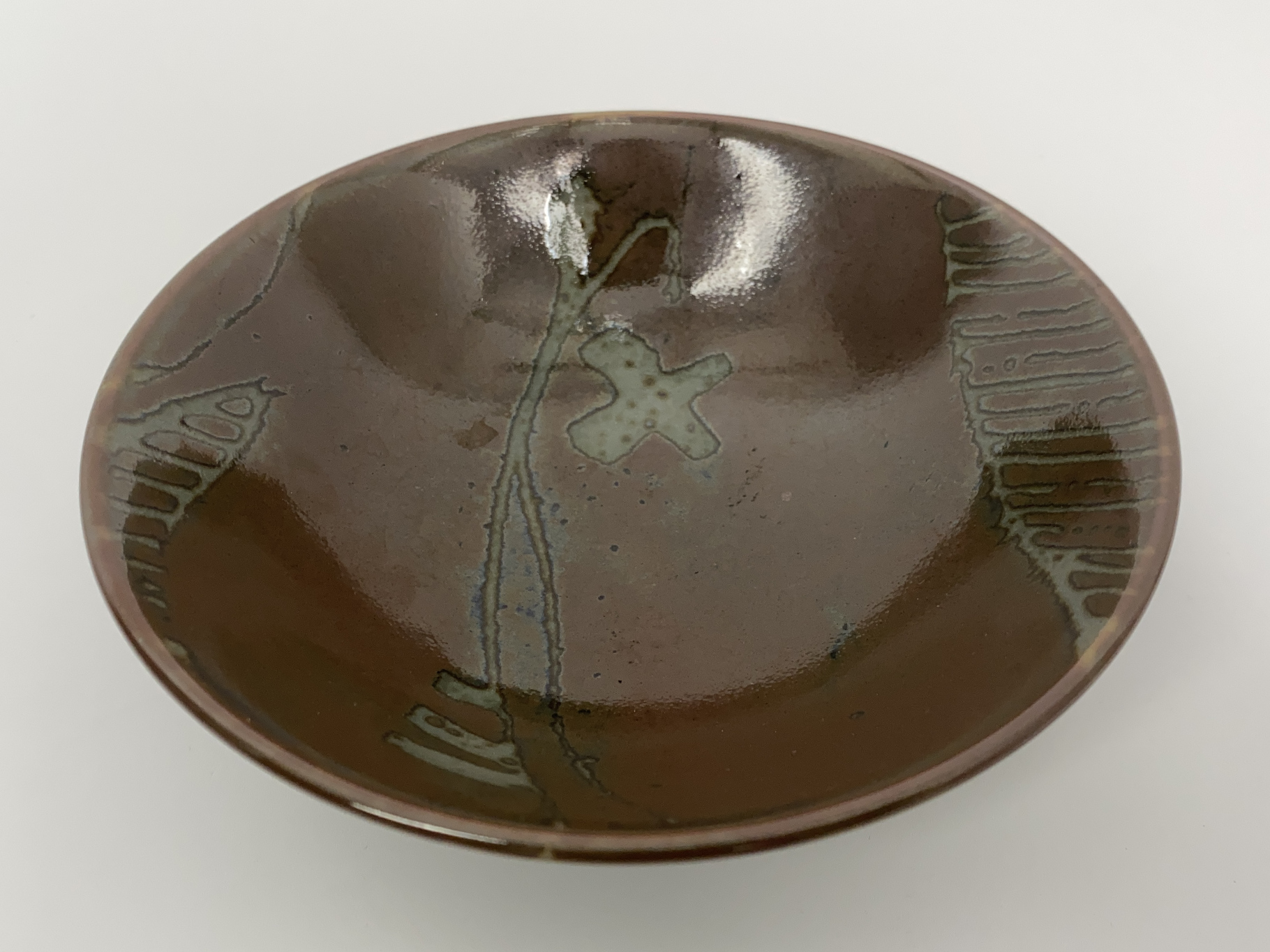 Ceramic Bowl, Stoneware, abstract Decor, Celadon Glaze, Wax Painting, Iron Glaze, 1980