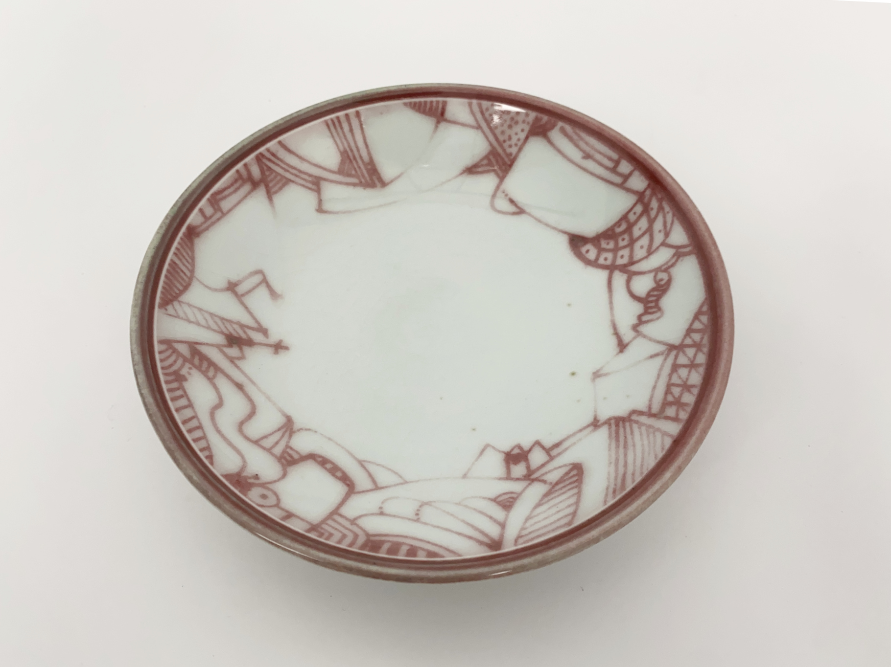 Porcelain Bowl, abstract craquelure Decor, painted with Copper, Lime Glaze, ca 2000