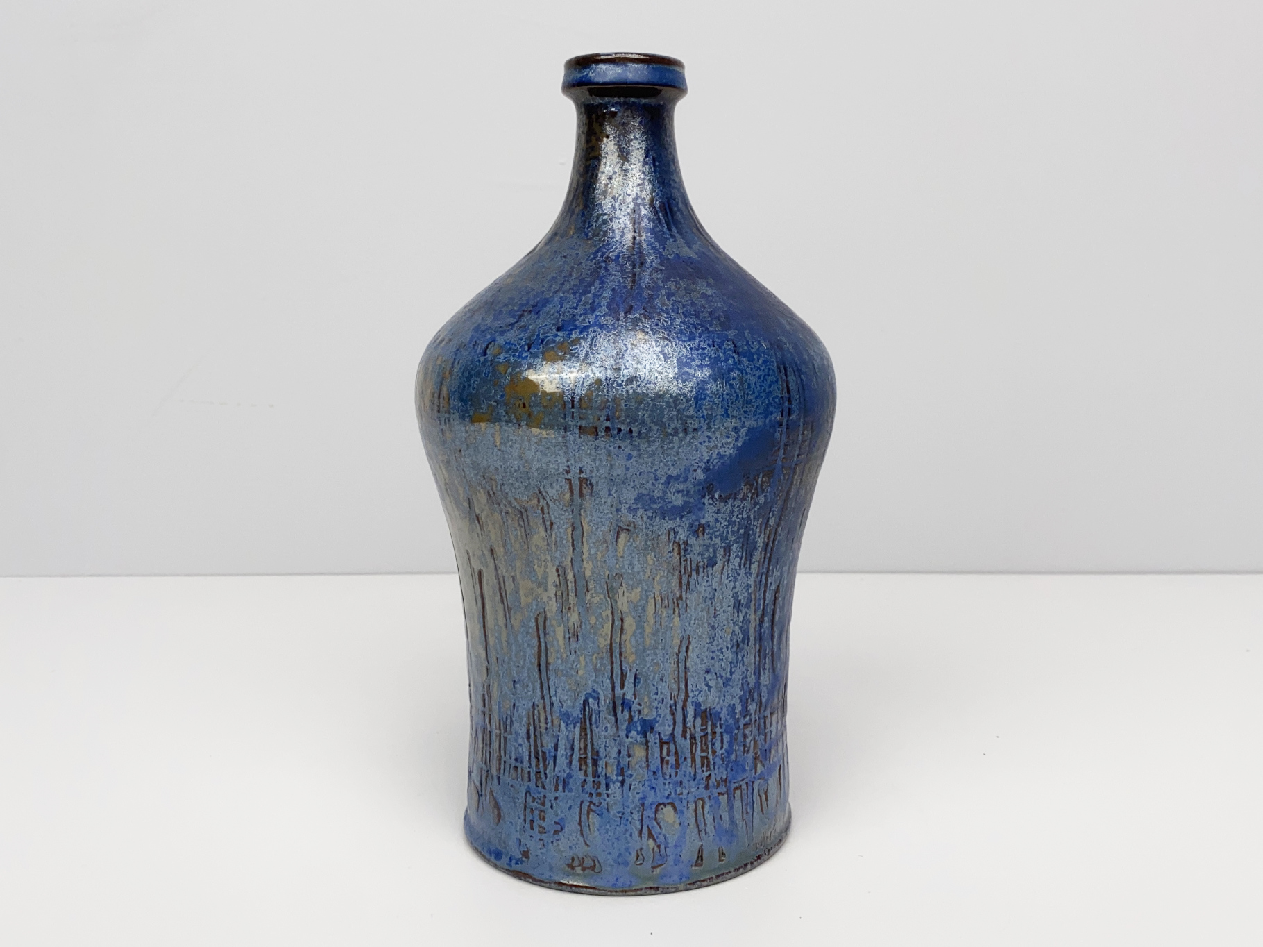 Vase, Ceramic, Earthenware, Unique Piece, blue Glaze with incised Pattern, by Wilhelm & Elly Kuch, 1970s