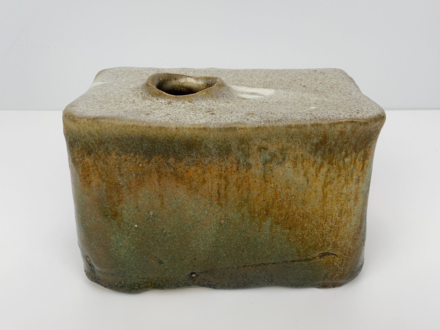 Box Vase, Ceramic, Earthenware, Unique Piece, green brown Glaze, 1960s
