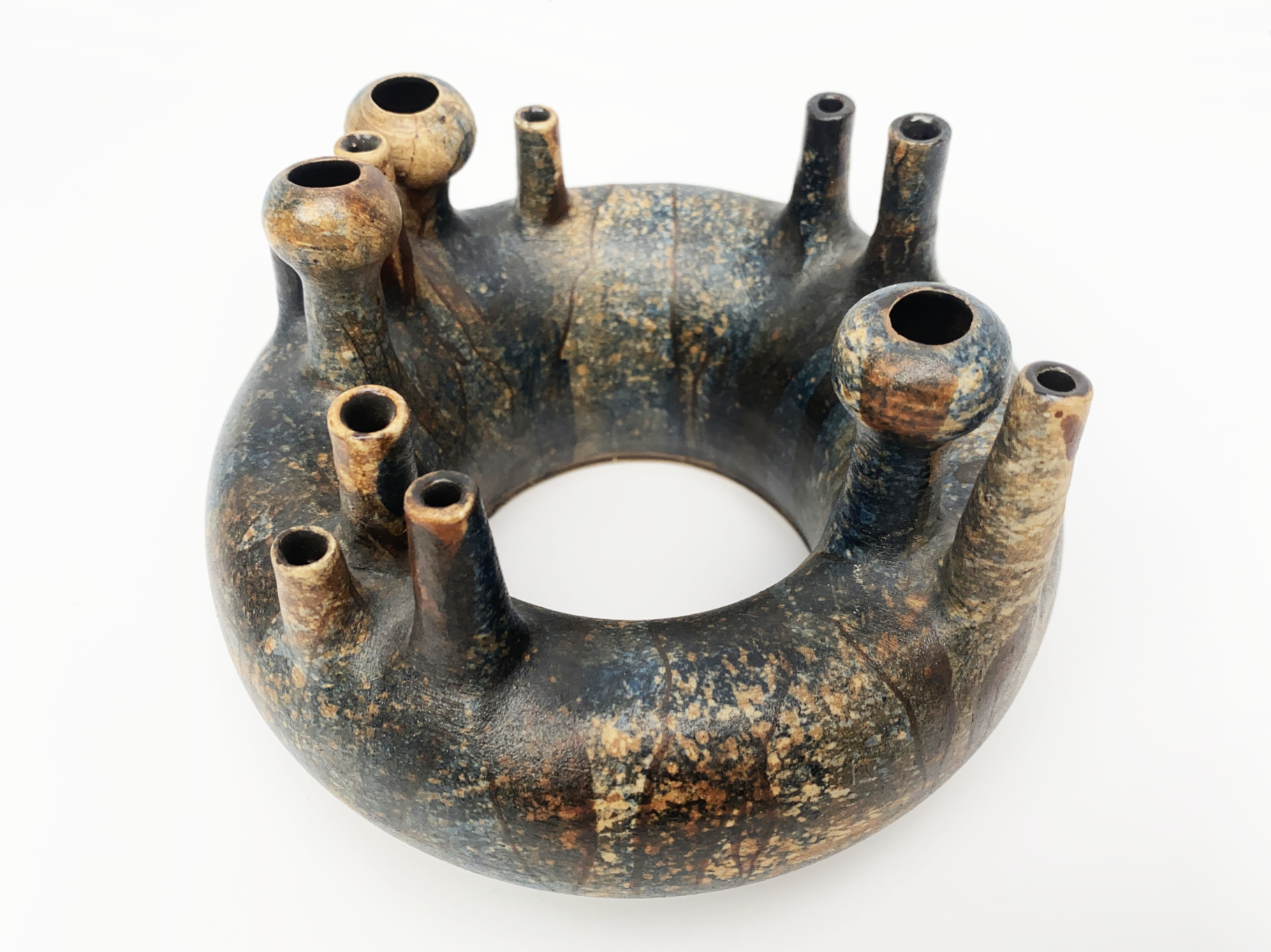 Keramik Vase, mehrhalsige Pilzvase, Solifleur Vase, unleserlich signiert, 1960er / 70er