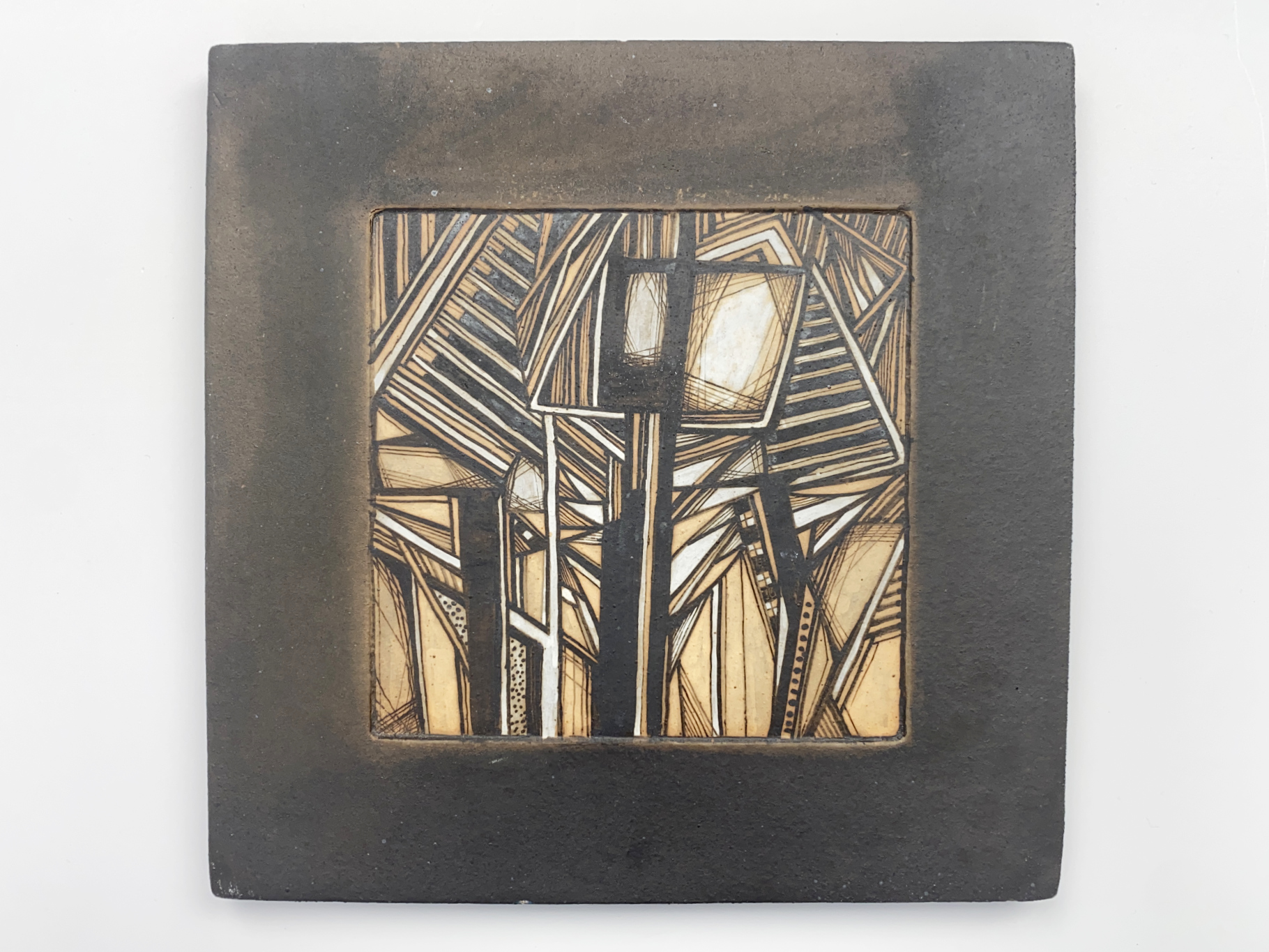 Wall Plate, Ceramic, Stoneware, Unique Piece, Painting with Wax on light Iron Engobe, above light Engobe, by Wilhelm & Elly Kuch, 2002