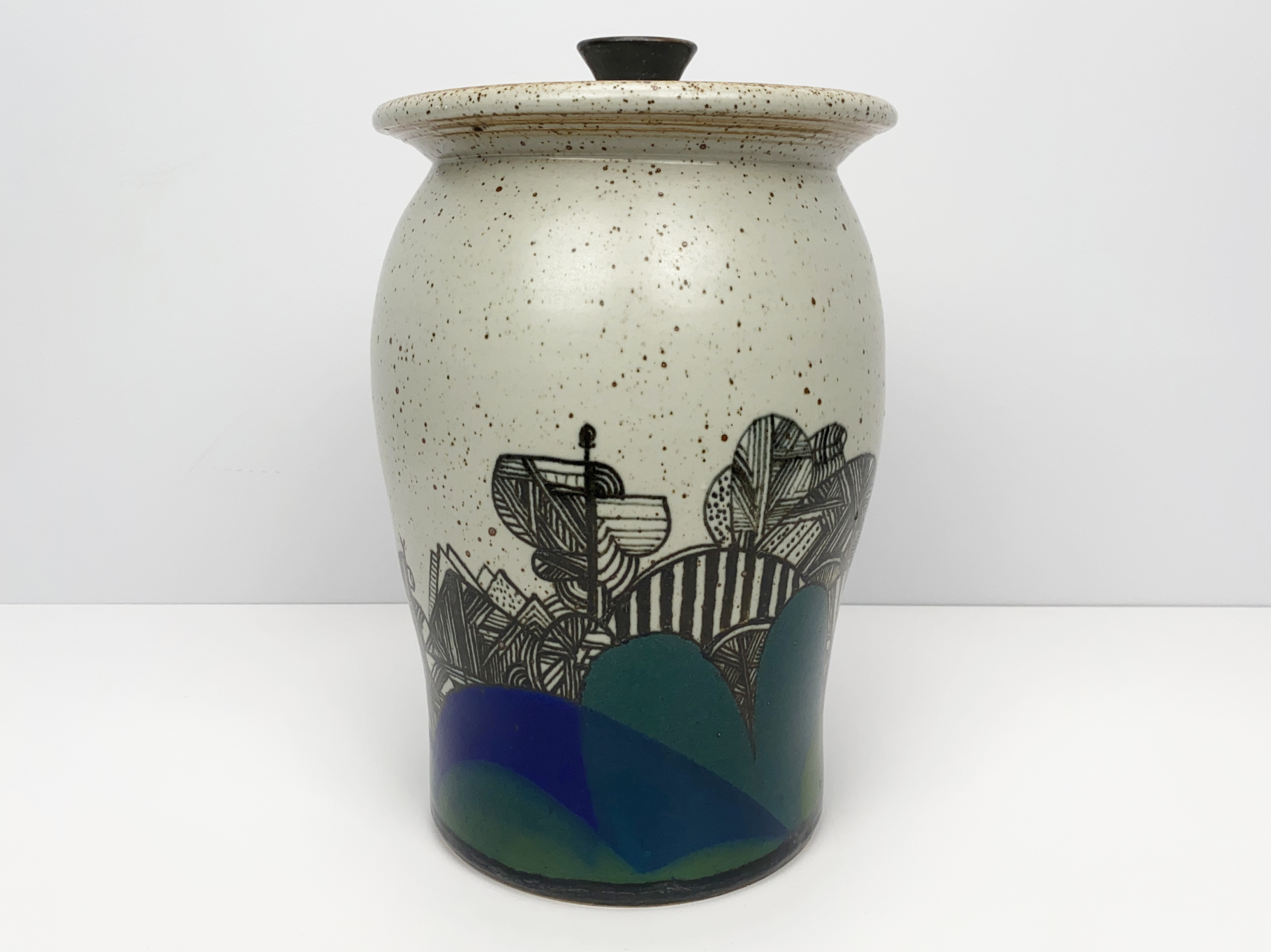 Large Pot, Ceramic, Stoneware, Unique Piece, abstract Landscape Painting, glazed, by Wilhelm & Elly Kuch, ca. 1995