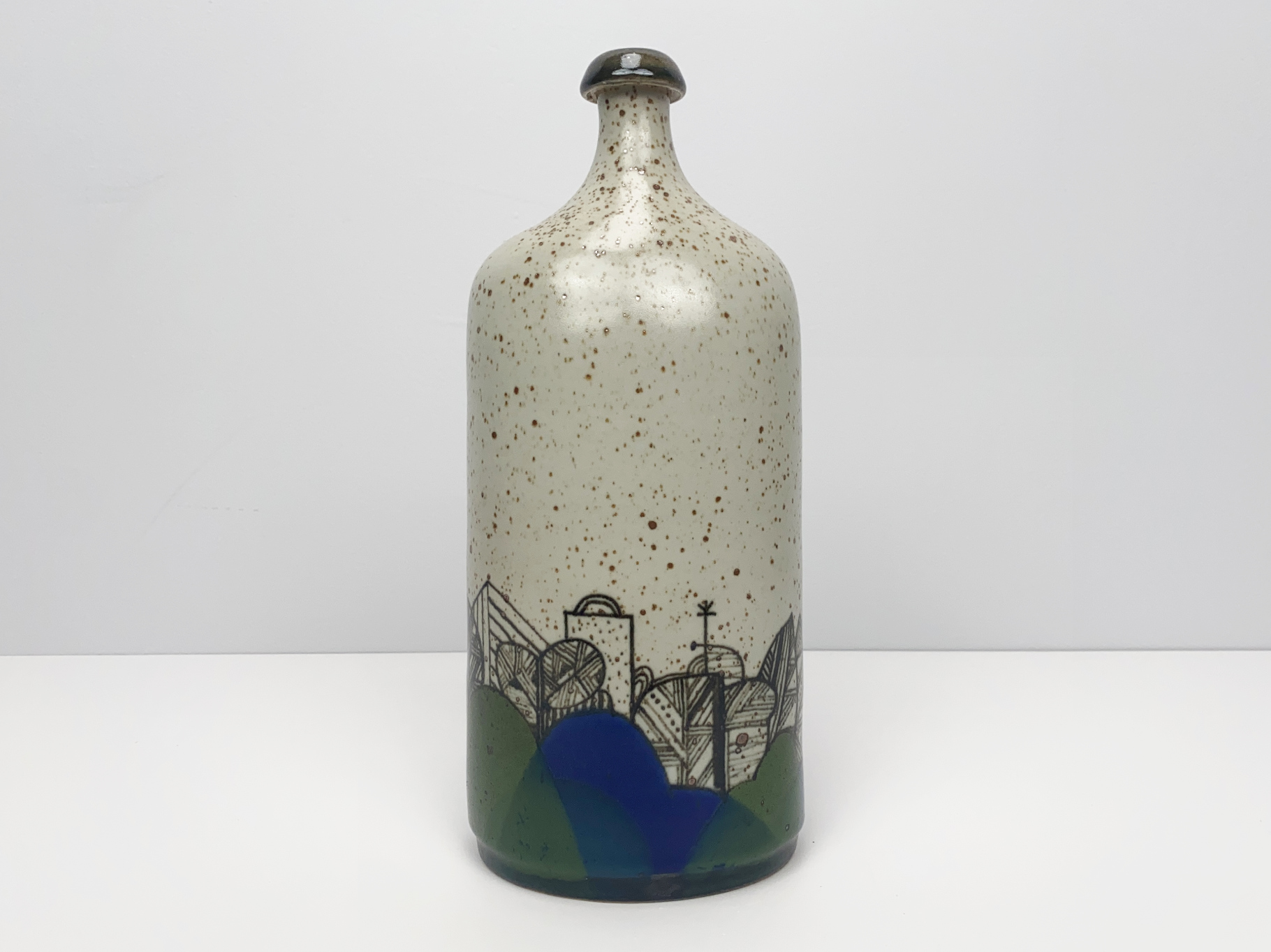 Vase, Keramik, Steinzeug, Unikat, abstrakte Landschafts Malerei, glasiert, von Wilhelm & Elly Kuch, 1990er