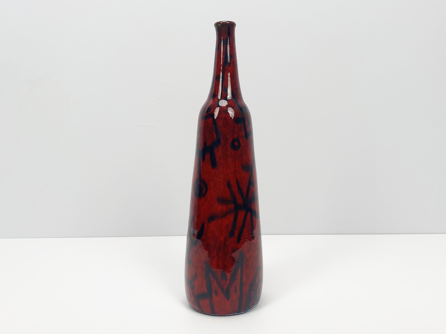 Vase, Ceramic, Earthenware, Unique Piece, abstract Painting, copper red Glaze, by Wilhelm & Elly Kuch, 1960s