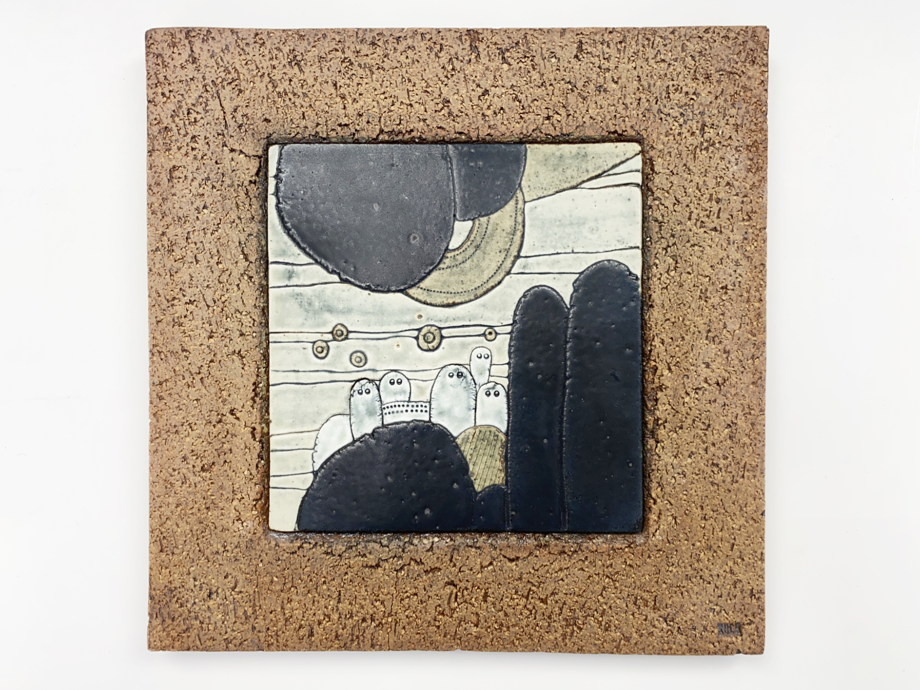 Wand-Platte, Keramik, Steinzeug, Unikat, abstraktes Motiv, Überformung von verschiedenfarbigen Tonen, von Wilhelm & Elly Kuch, ca 1985