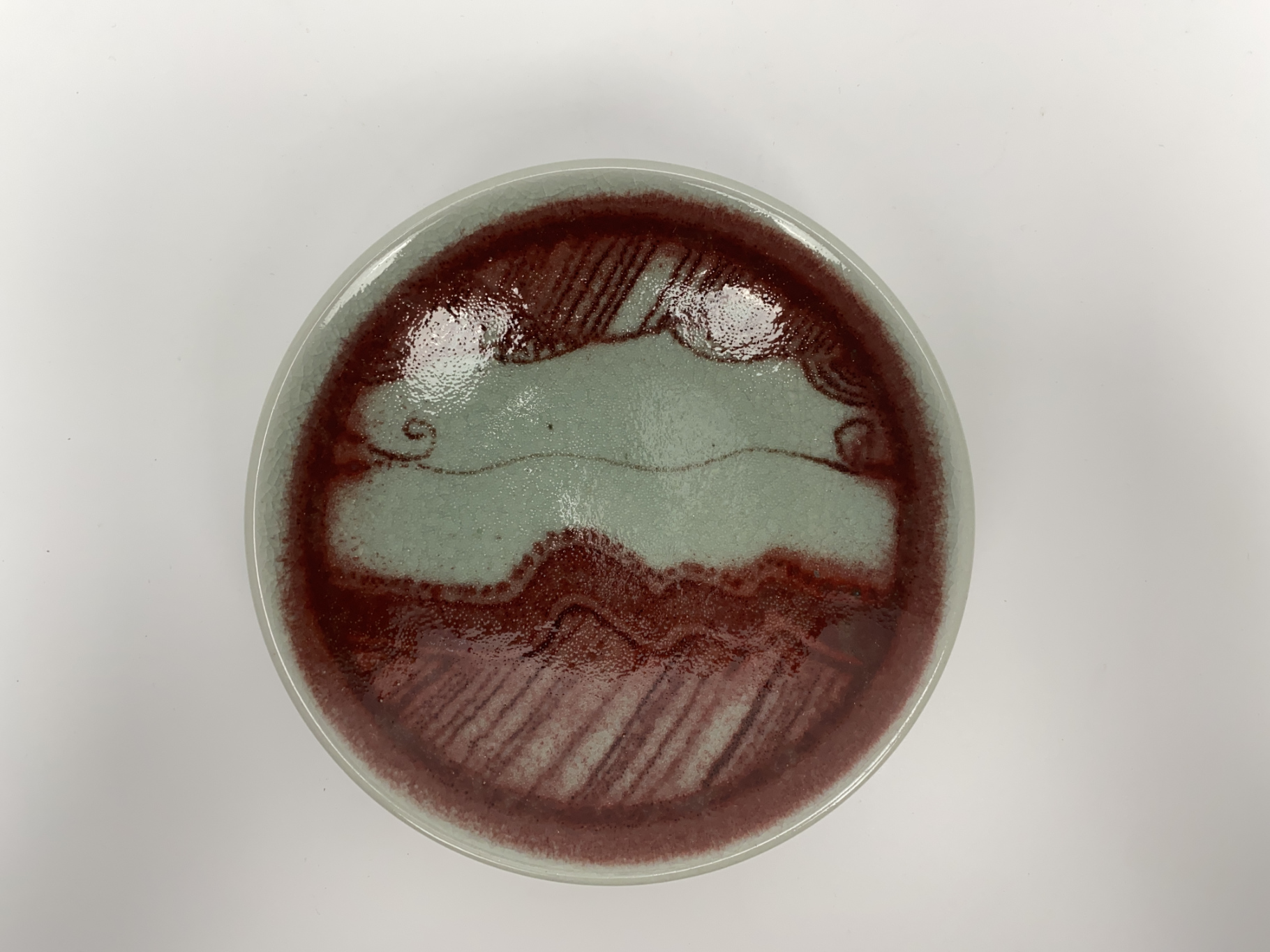 Bowl, Ceramic, Porcelain, Unique Piece, abstract Decoration, red Iron Glaze painted with Iron Oxide, by Wilhelm & Elly Kuch, 1980s