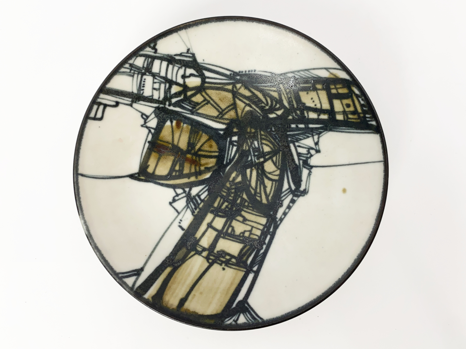 Bowl, Ceramic, Stoneware, Unique Piece, abstract Decoration, white Matt Glaze, painted with black and brown Pigments, by Wilhelm & Elly Kuch, 1995