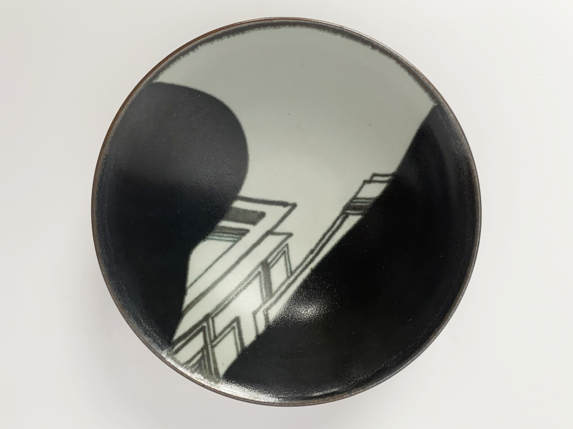 Bowl, Dish, Ceramic, Stoneware, Unique Piece, abstract Decoration, white Glaze poured over with black Glaze and painted, by Wilhelm & Elly Kuch, 1980